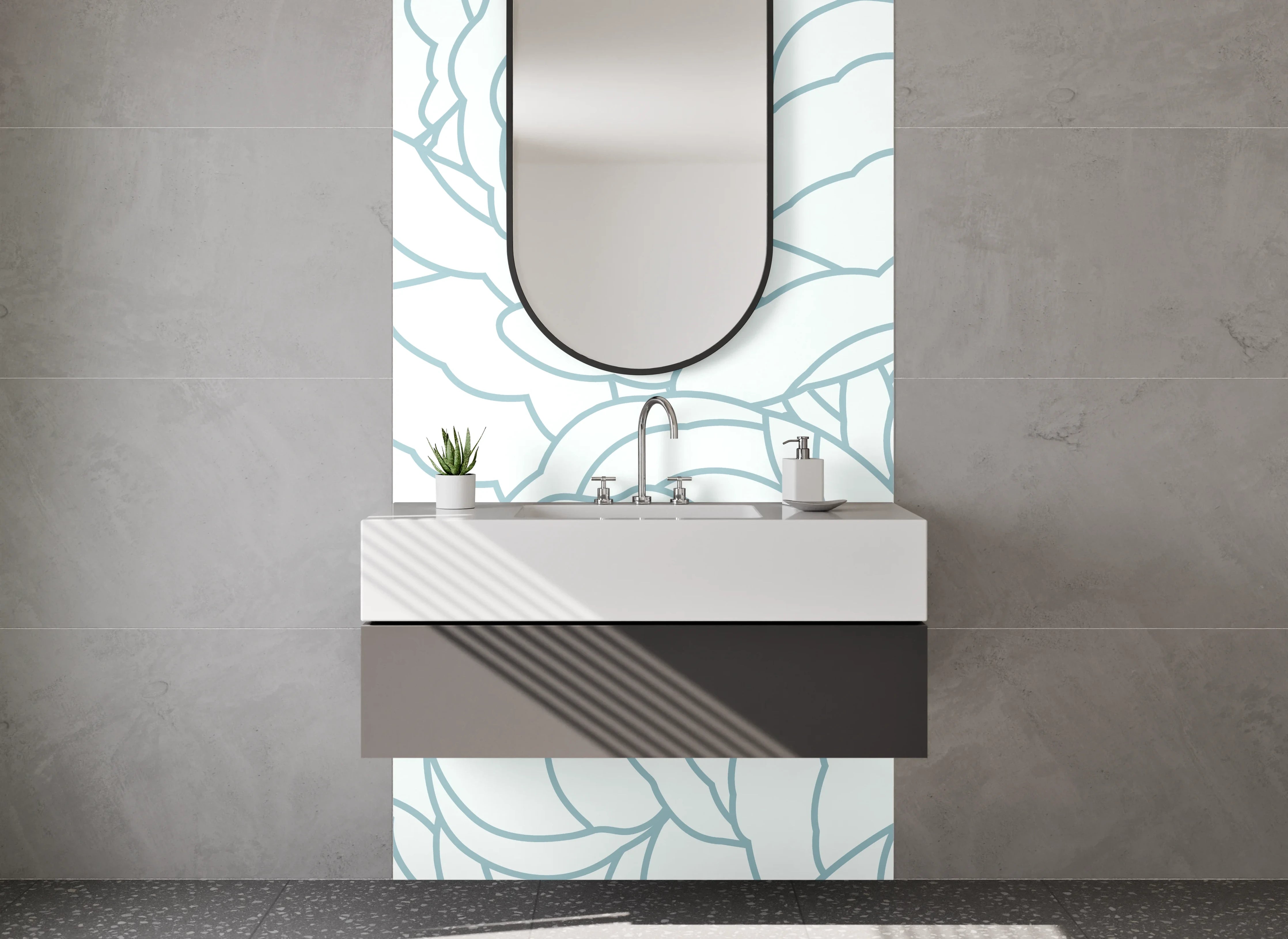 Waschbecken-Rückwand - Zarte florale Lineart Blau Weiß