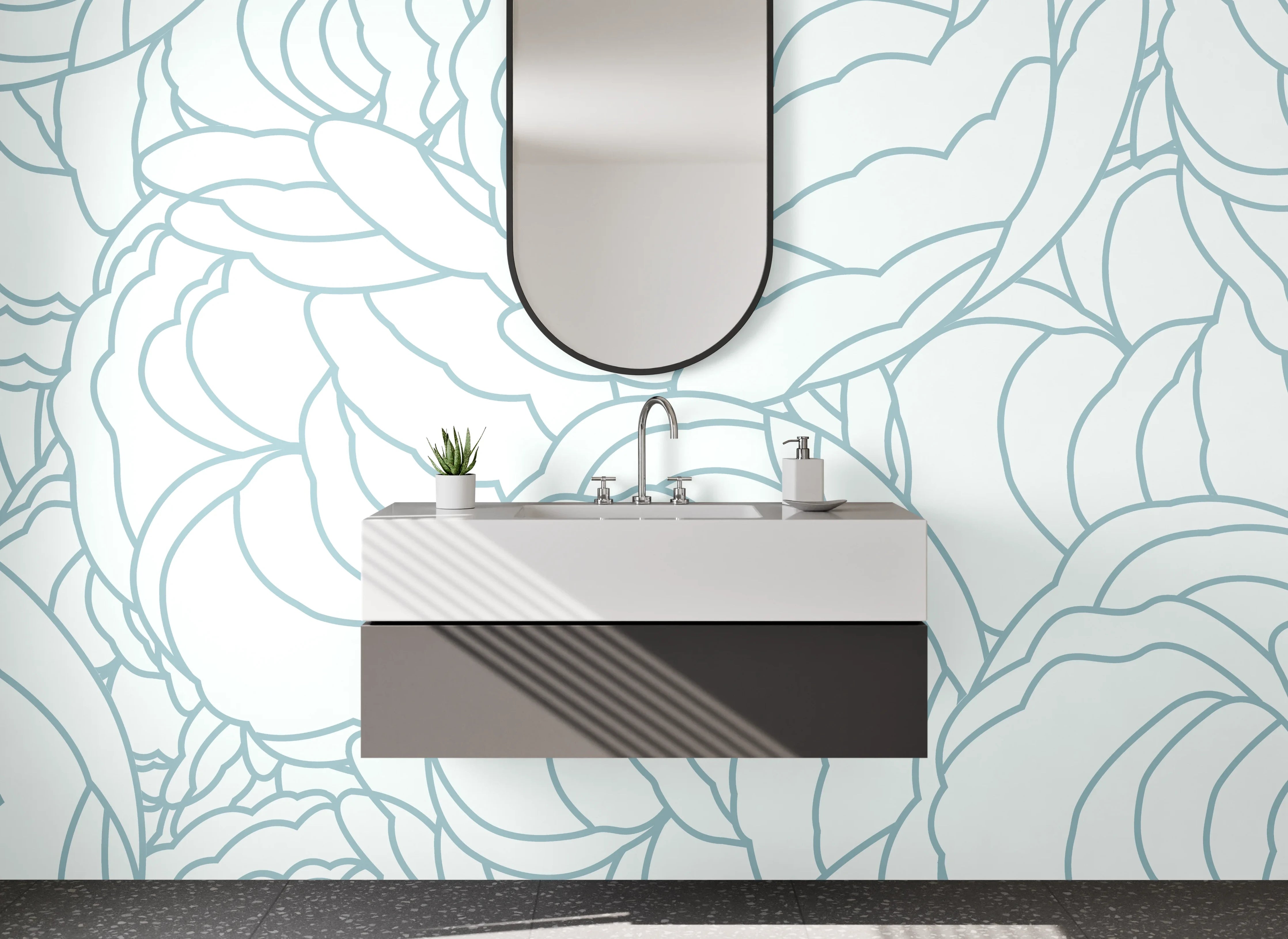 Waschbecken-Rückwand - Zarte florale Lineart Blau Weiß