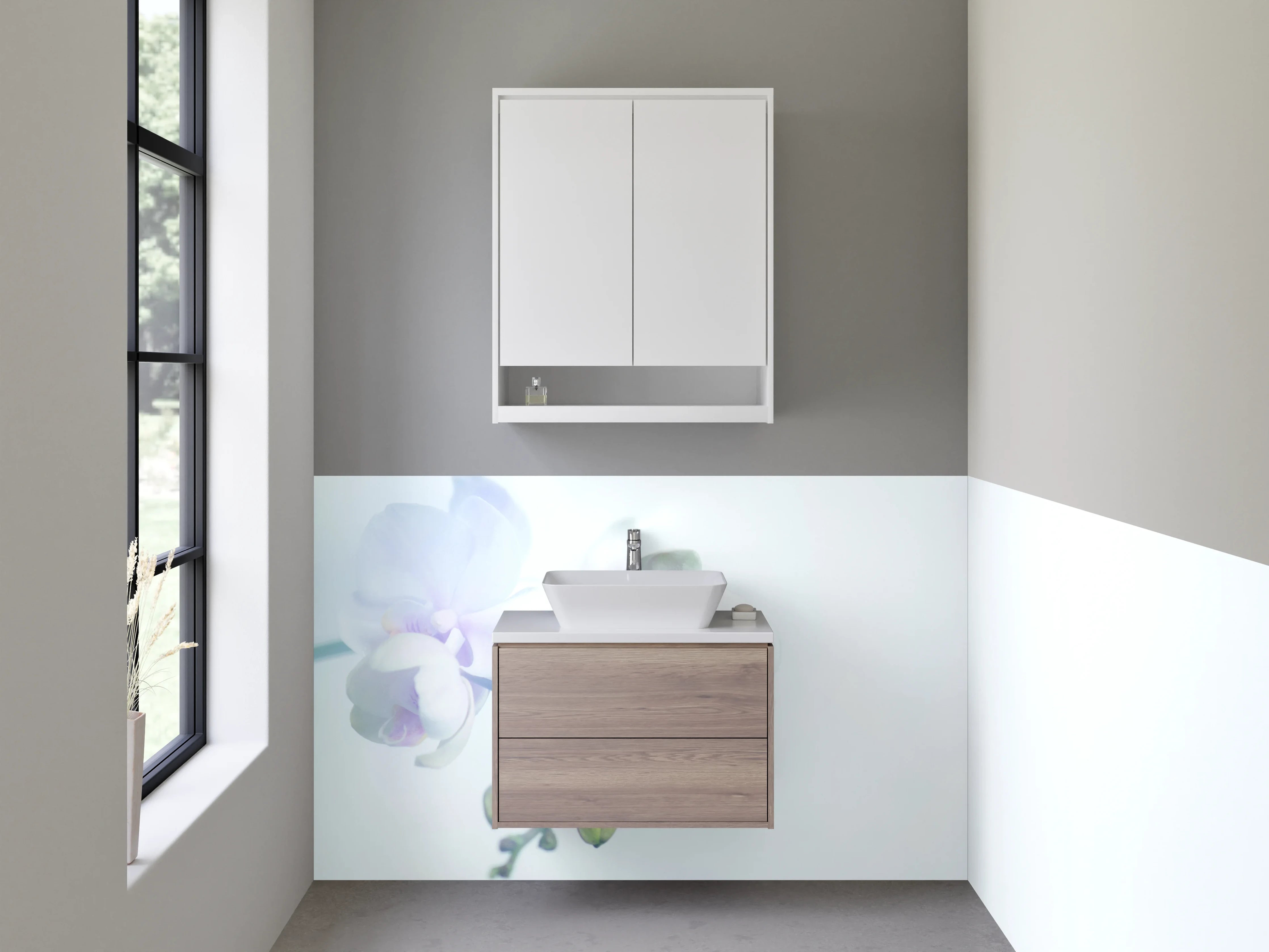 Waschbecken-Rückwand - Zarte weiße Orchidee mit Pastellfarben