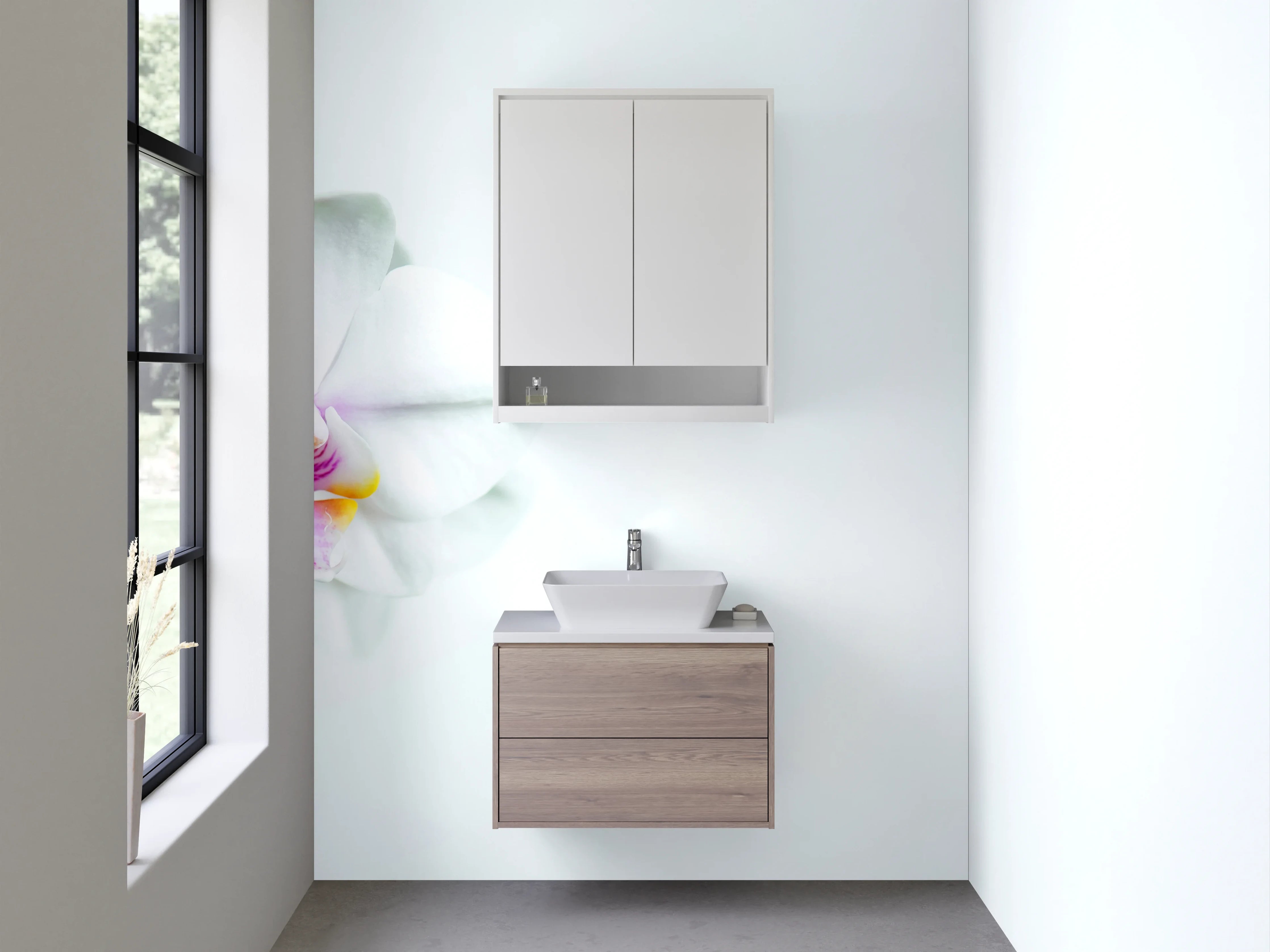 Waschbecken-Rückwand - Zarte weiße Orchidee mit Pastellfarben