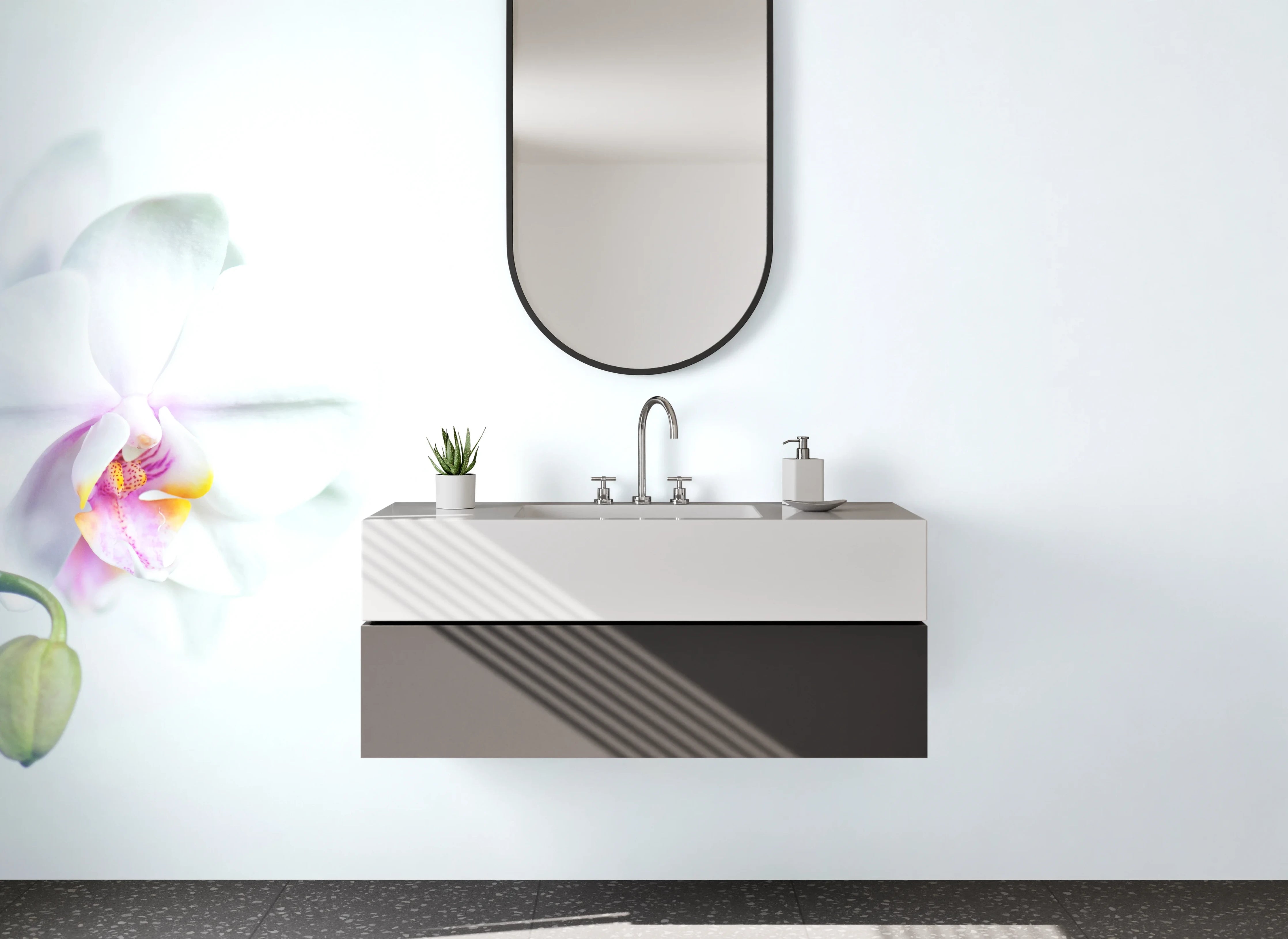 Waschbecken-Rückwand - Zarte weiße Orchidee mit Pastellfarben