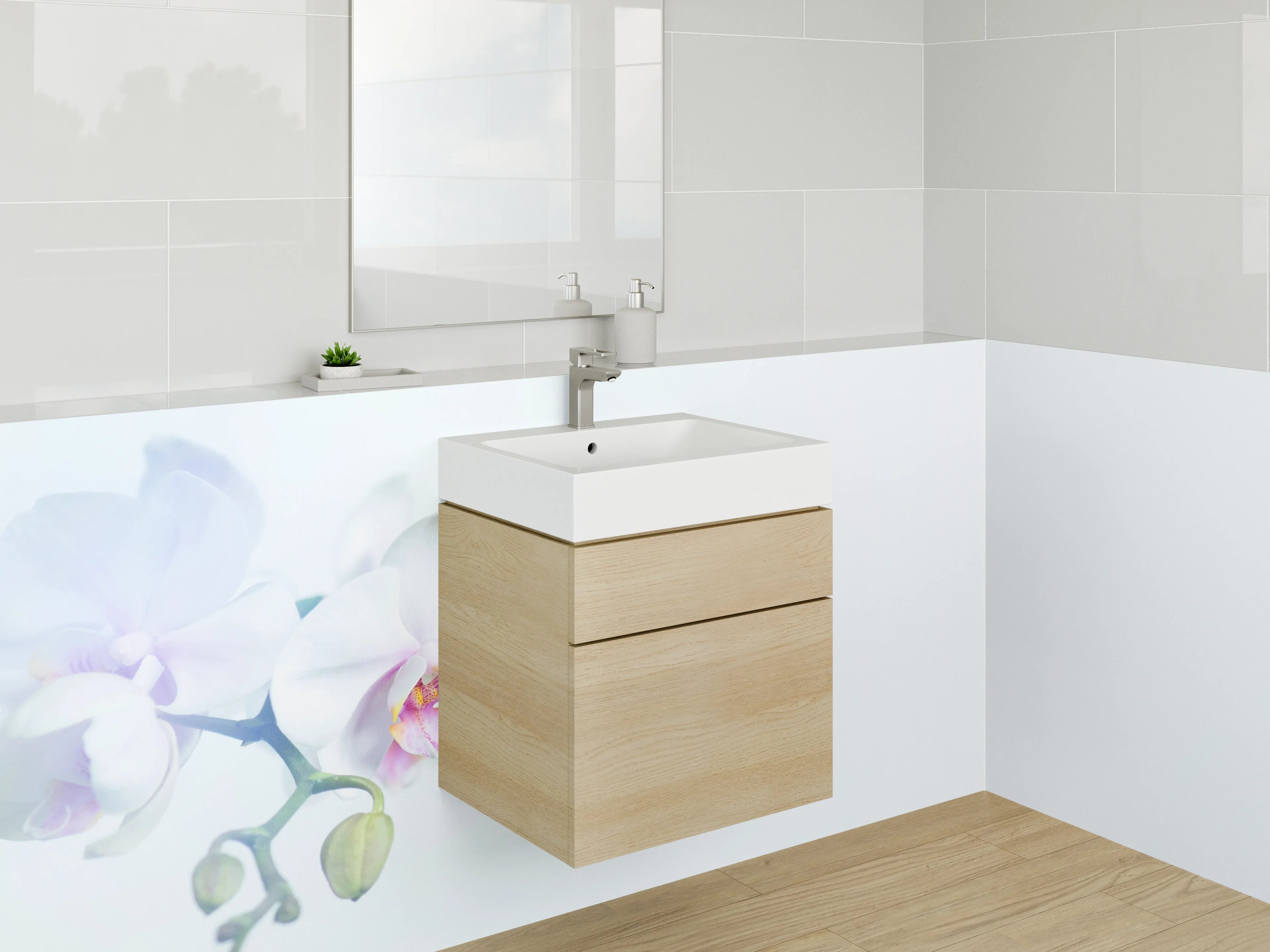 Waschbecken-Rückwand - Zarte weiße Orchidee mit Pastellfarben