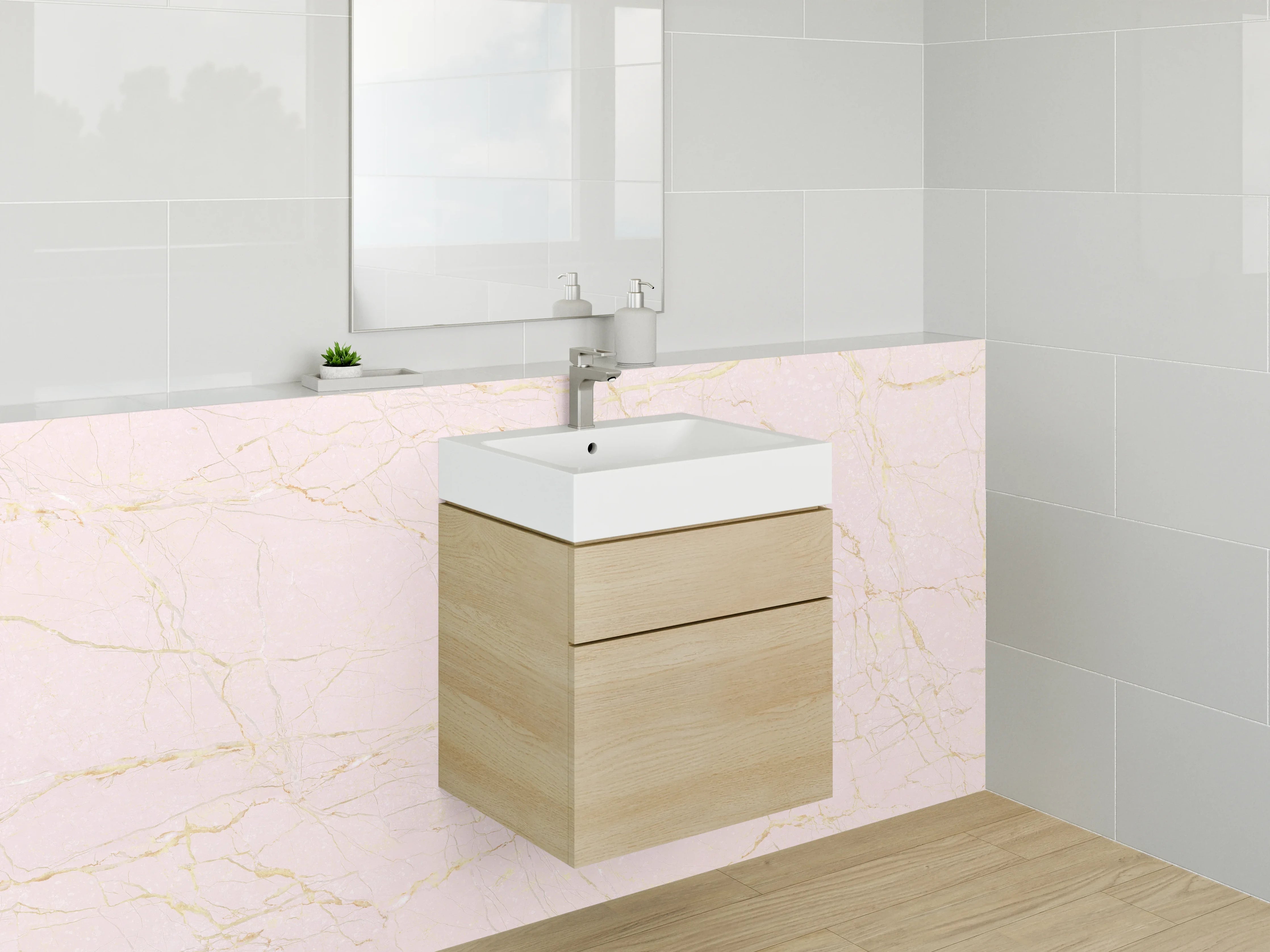 Waschbecken-Rückwand - Zarter Rosamarmor mit goldenen Linien