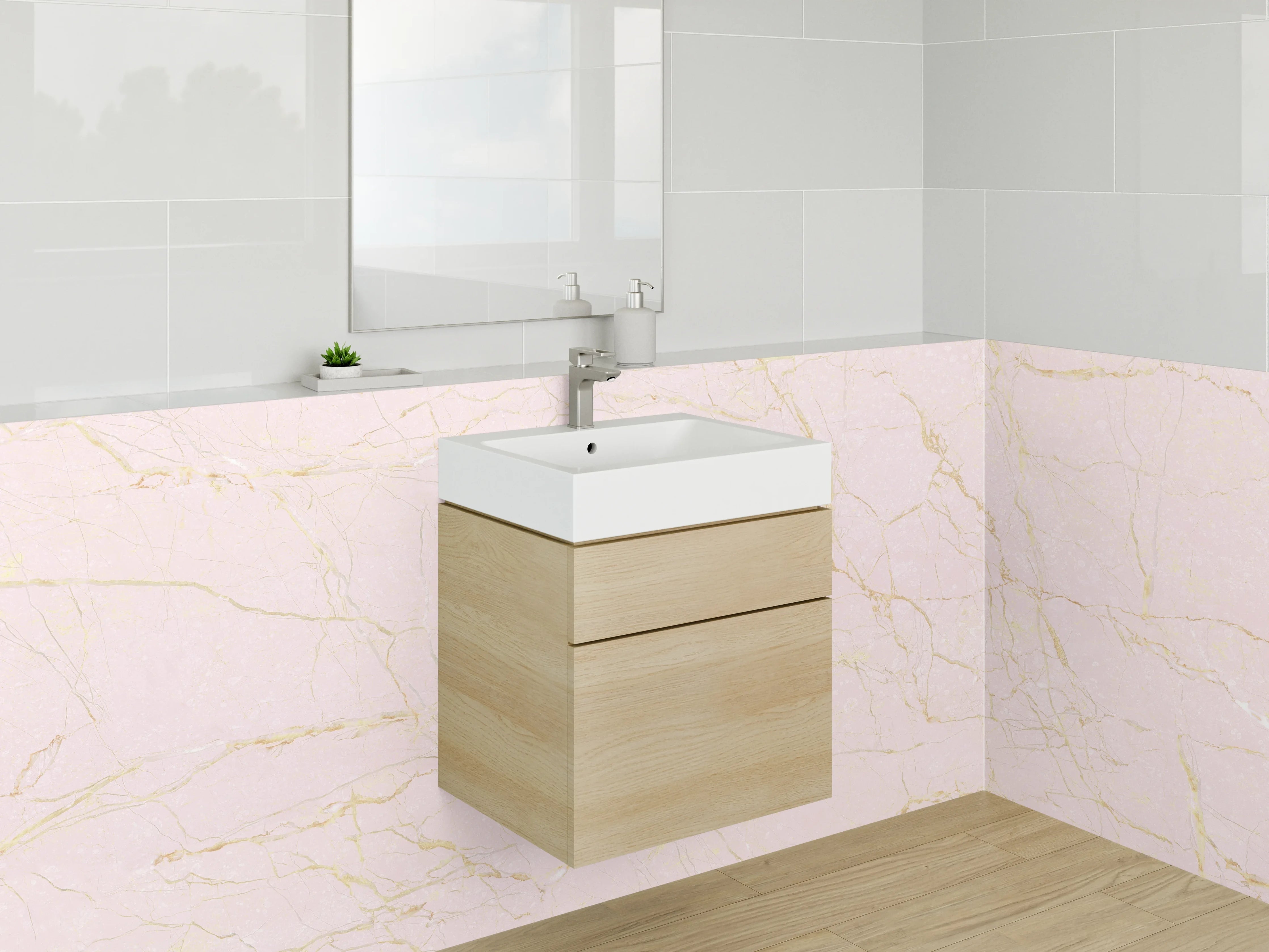 Waschbecken-Rückwand - Zarter Rosamarmor mit goldenen Linien