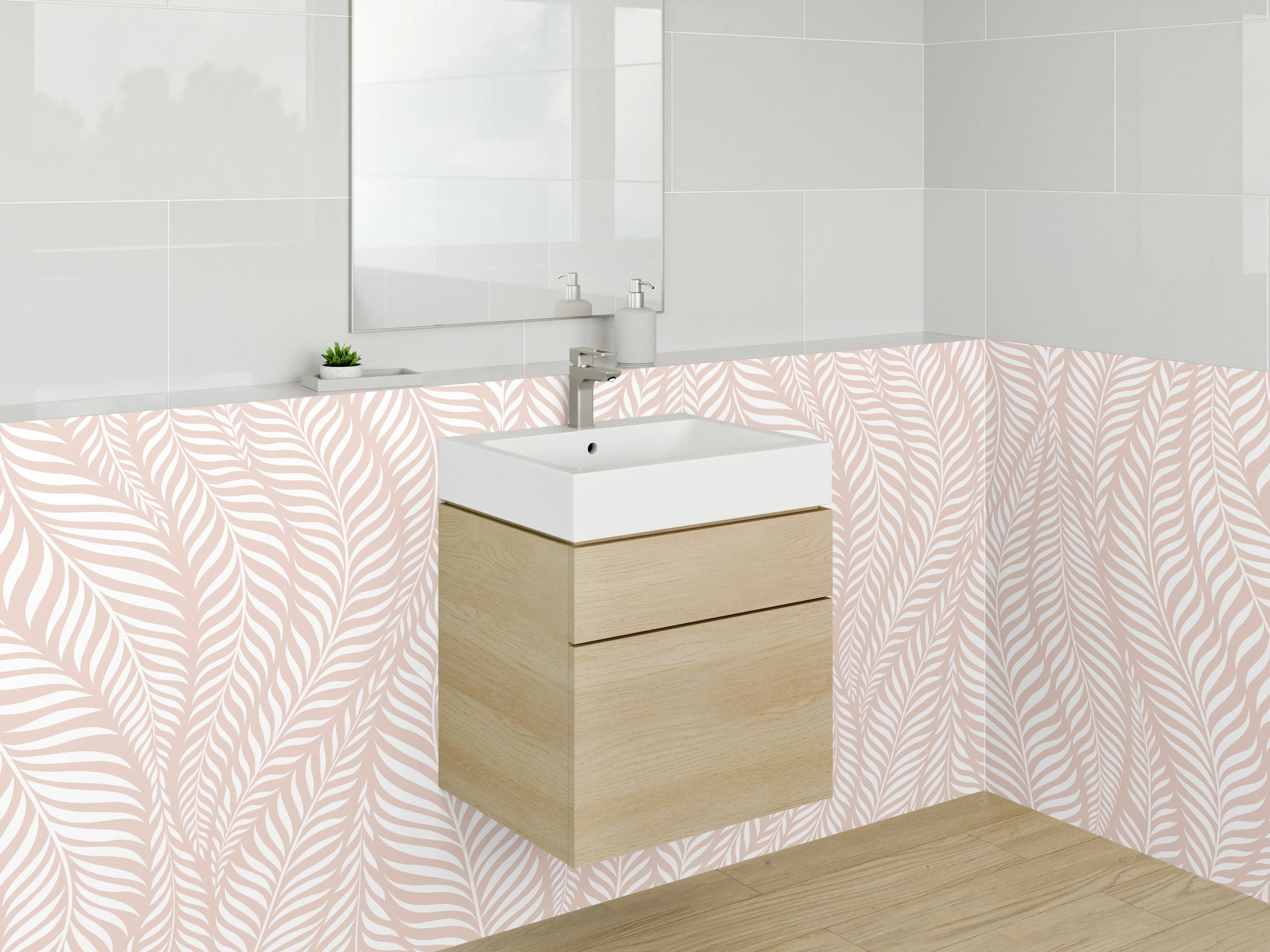 Waschbecken-Rückwand - Zartes Blattmuster Beige Rosa
