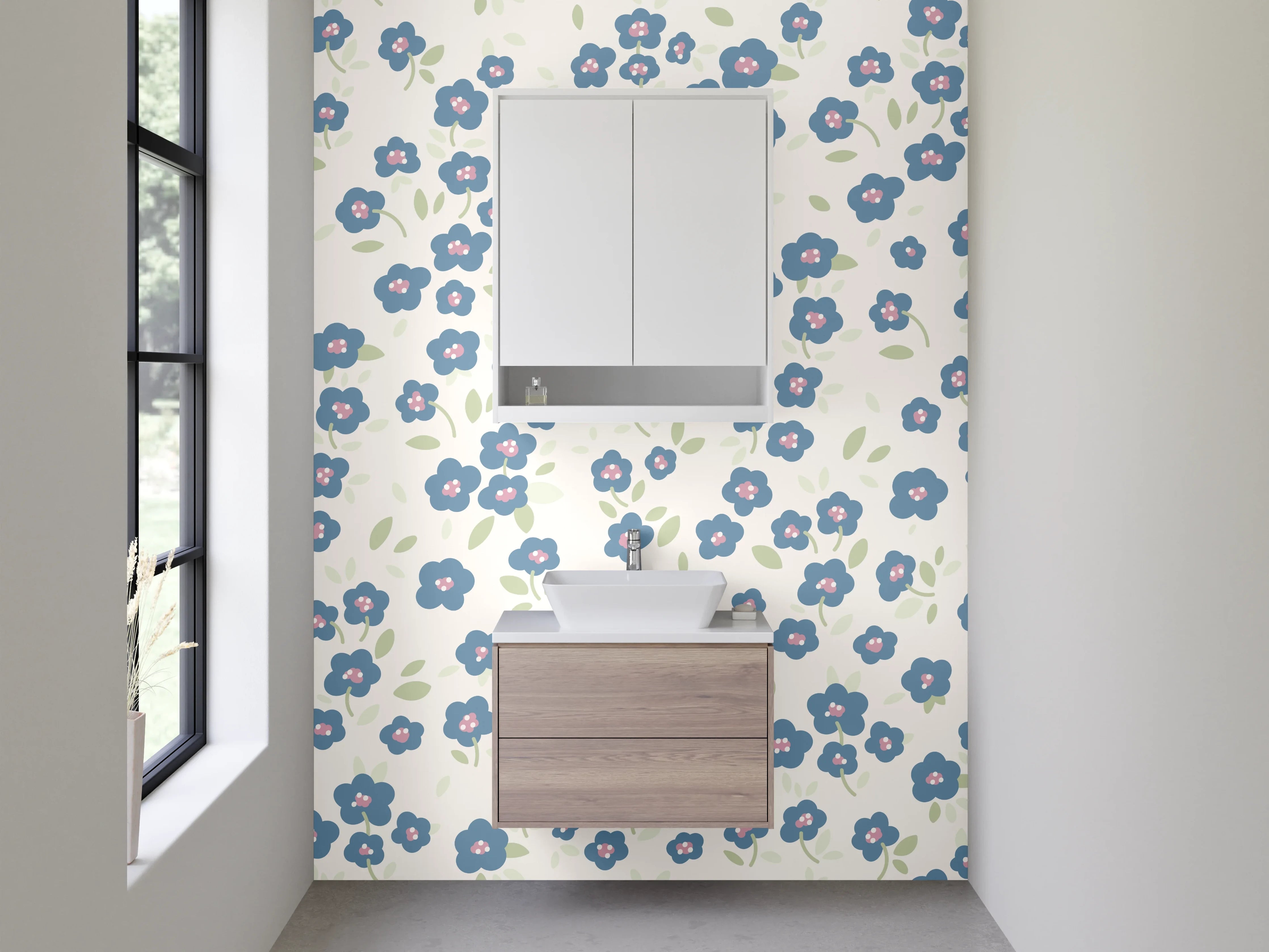 Waschbecken-Rückwand - Zartes Blumenmuster Blau Weiß
