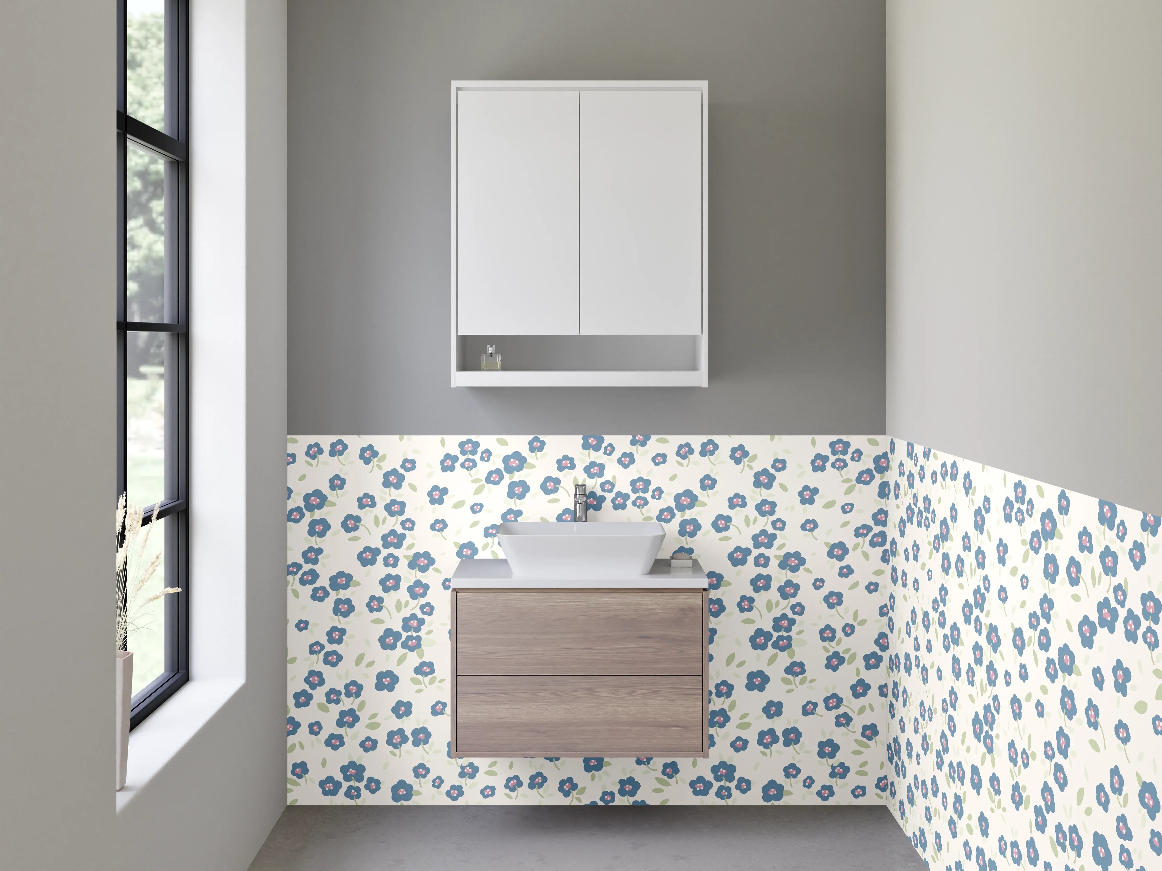 Waschbecken-Rückwand - Zartes Blumenmuster Blau Weiß
