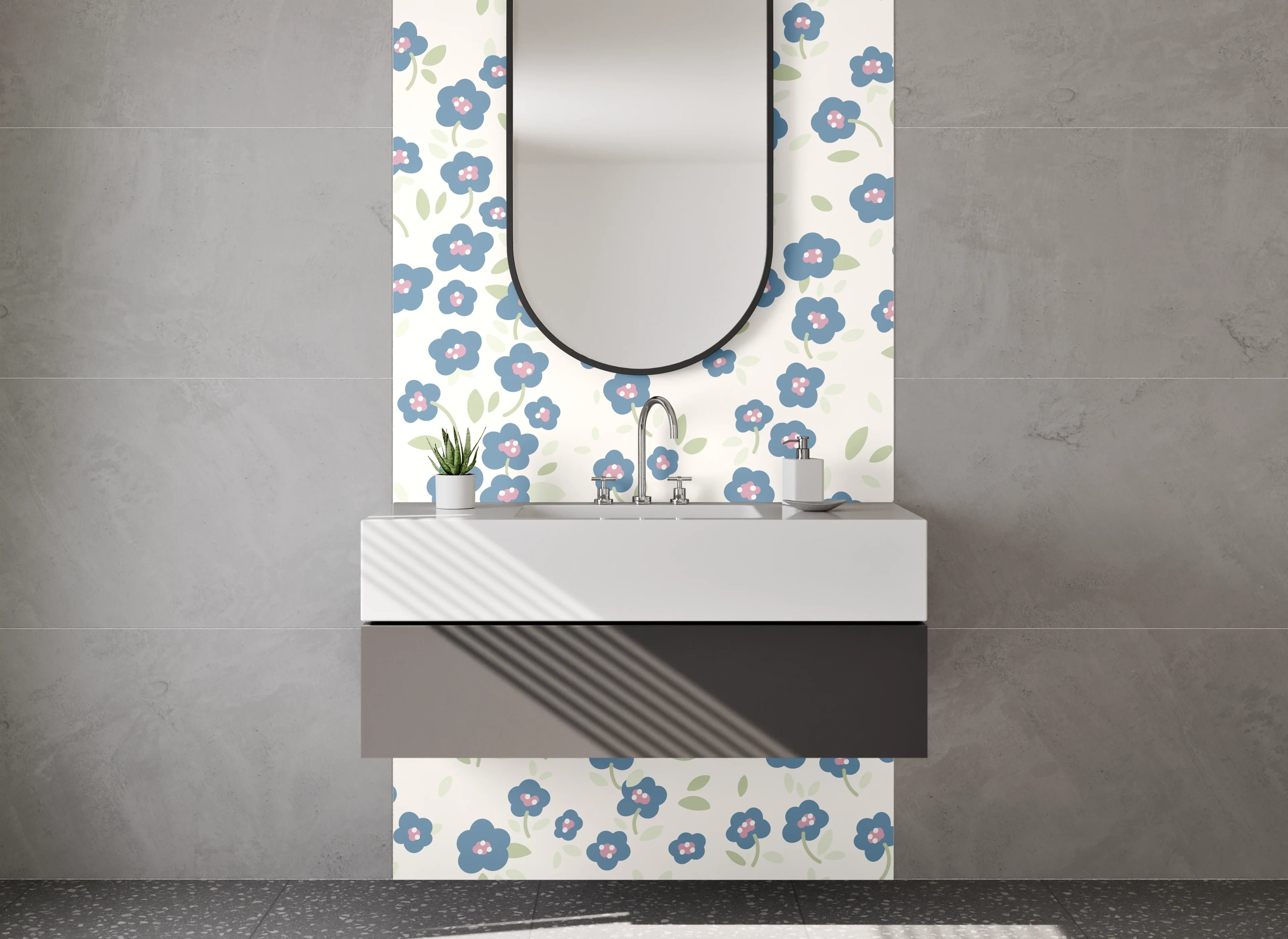 Waschbecken-Rückwand - Zartes Blumenmuster Blau Weiß