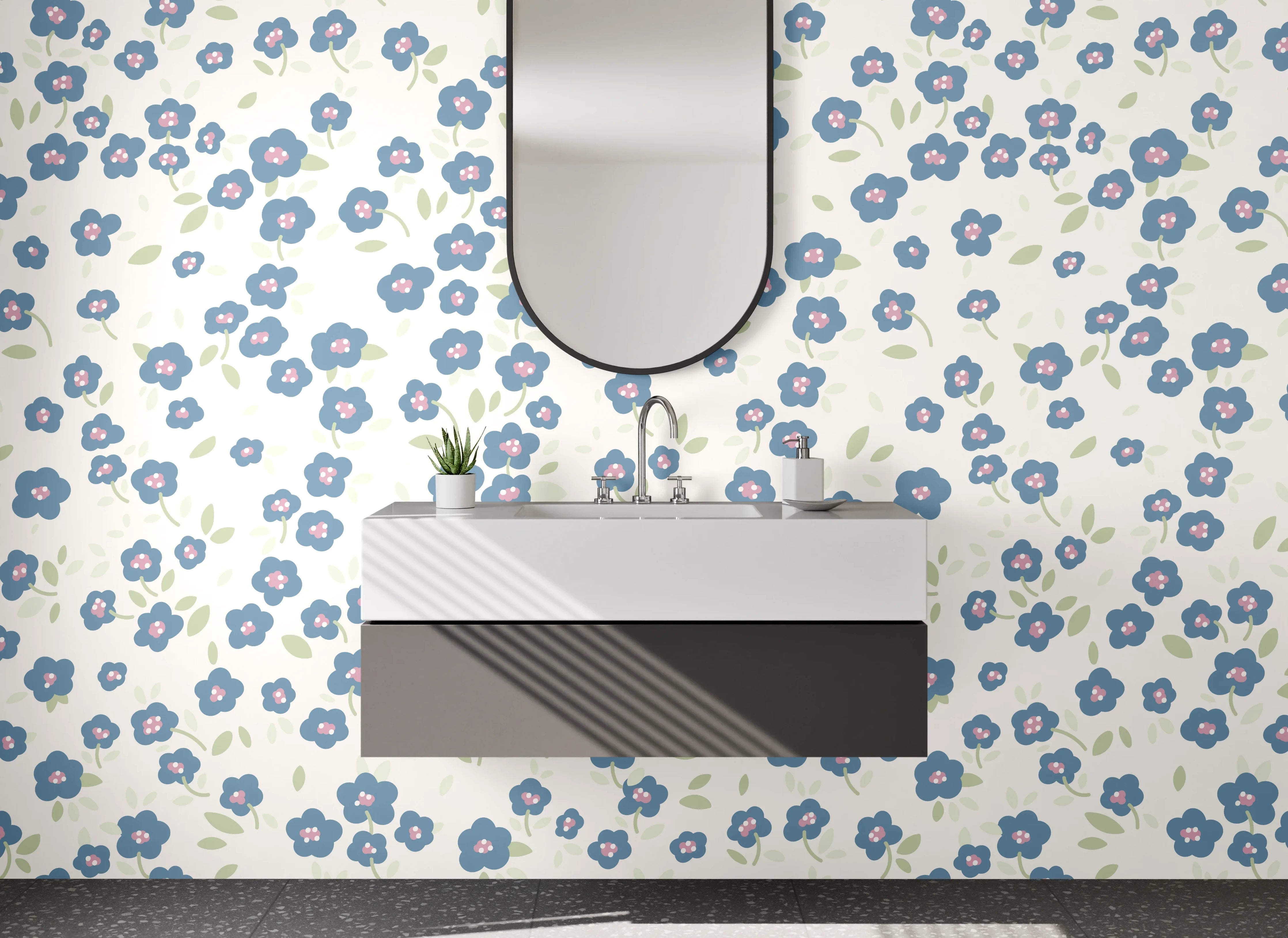 Waschbecken-Rückwand - Zartes Blumenmuster Blau Weiß