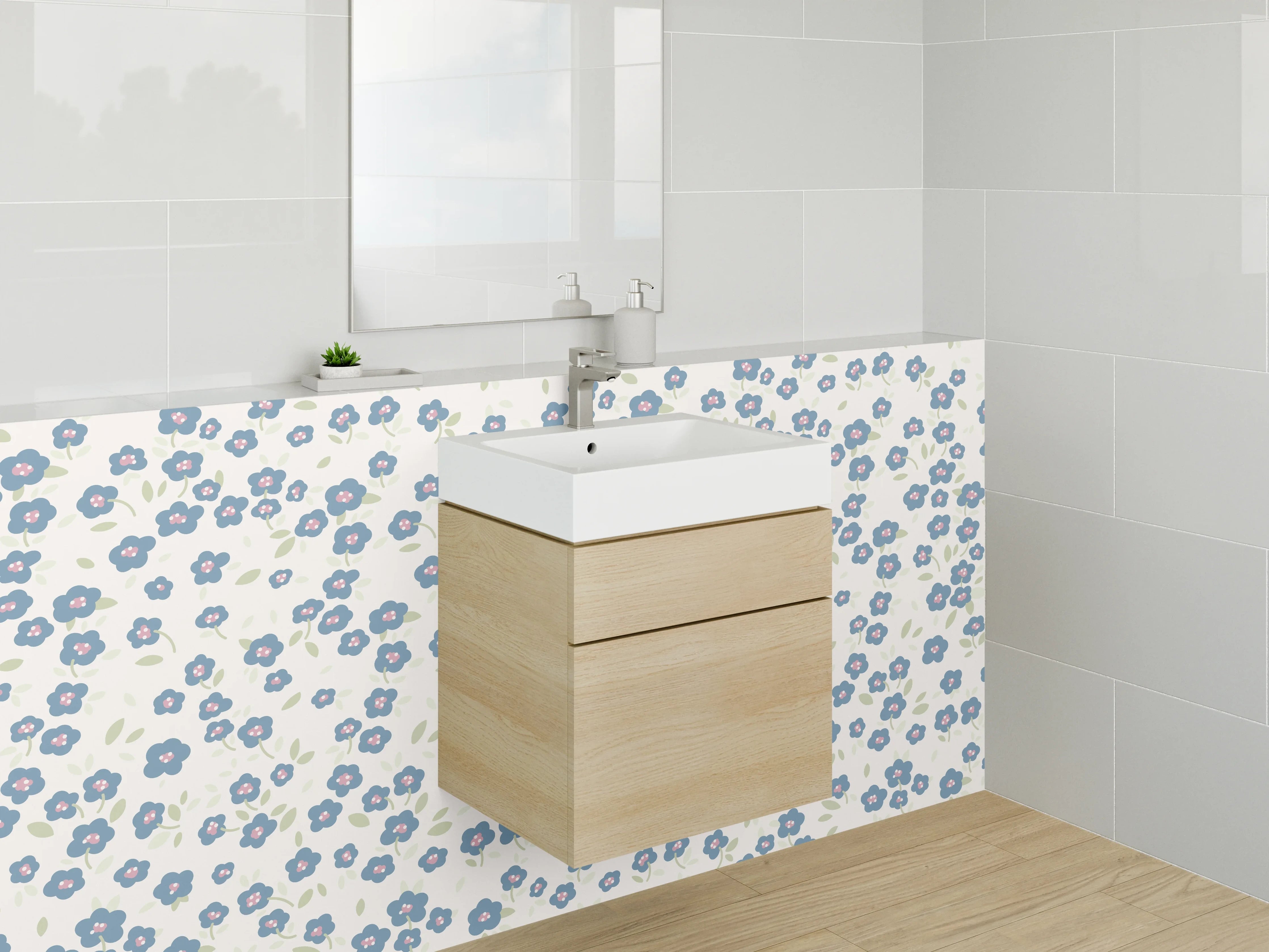 Waschbecken-Rückwand - Zartes Blumenmuster Blau Weiß