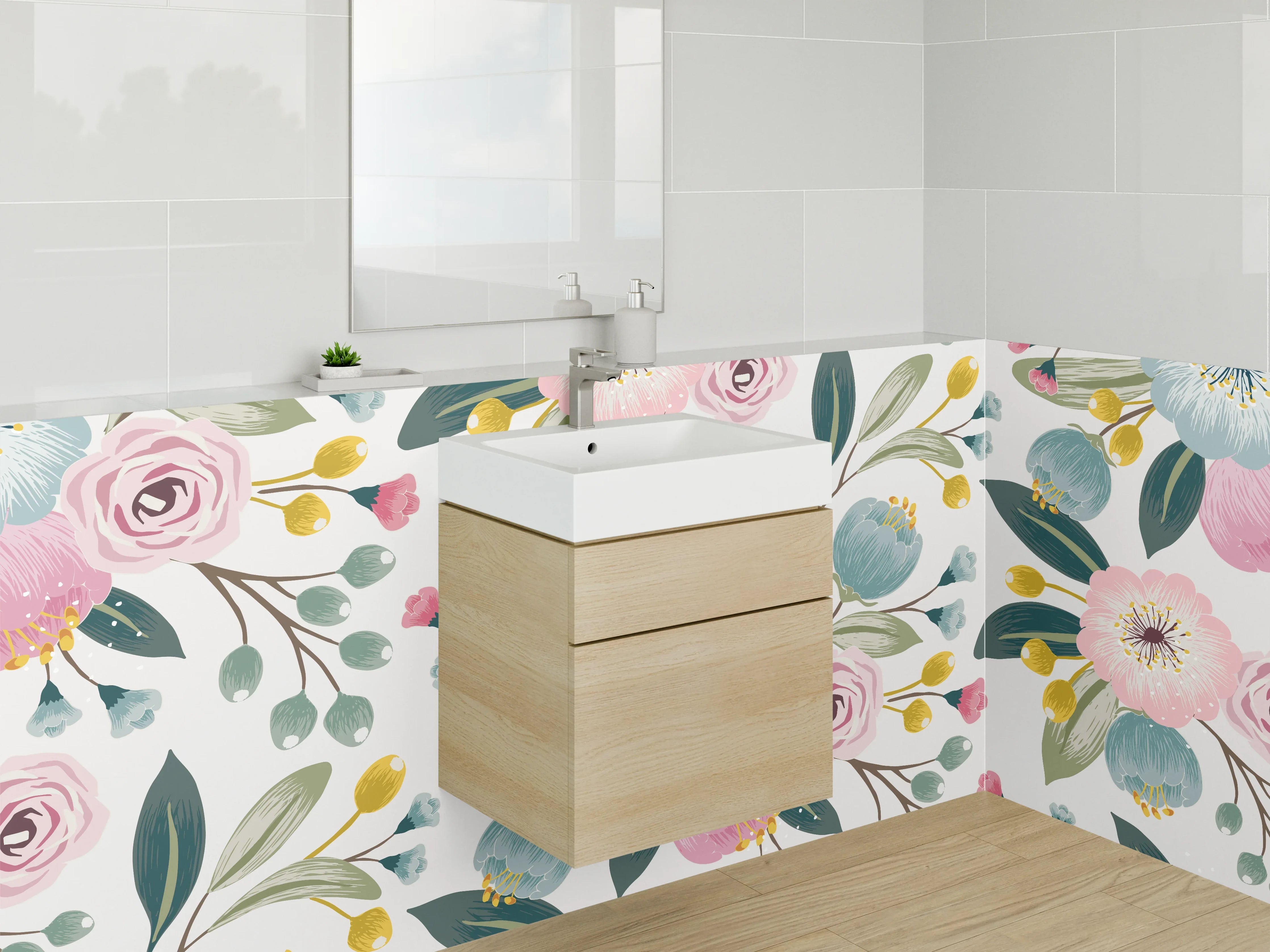 Waschbecken-Rückwand - Zartes Blumenmuster in Pastellfarben