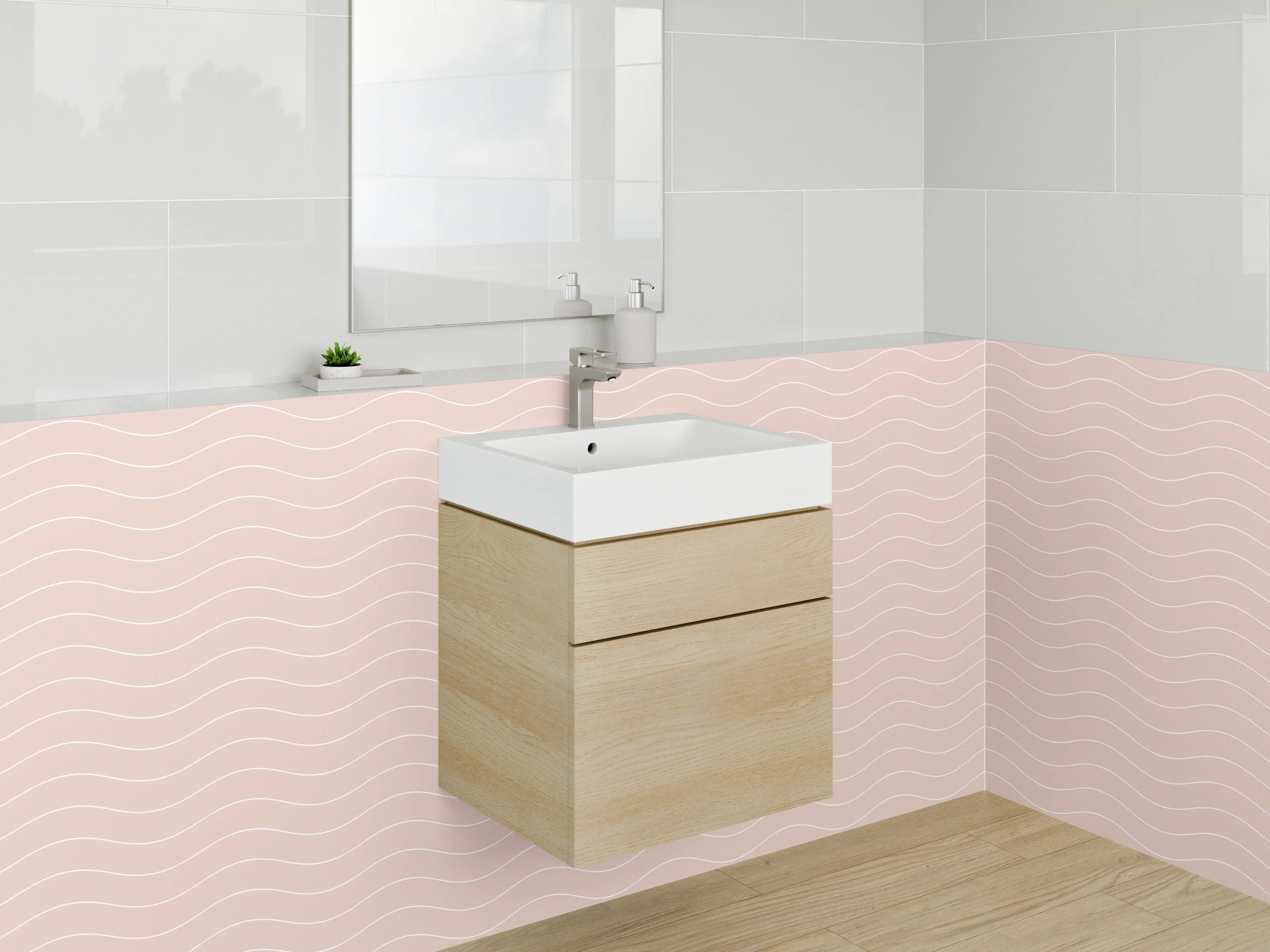 Waschbecken-Rückwand - Zartes Wellenmuster in Beige Rosa