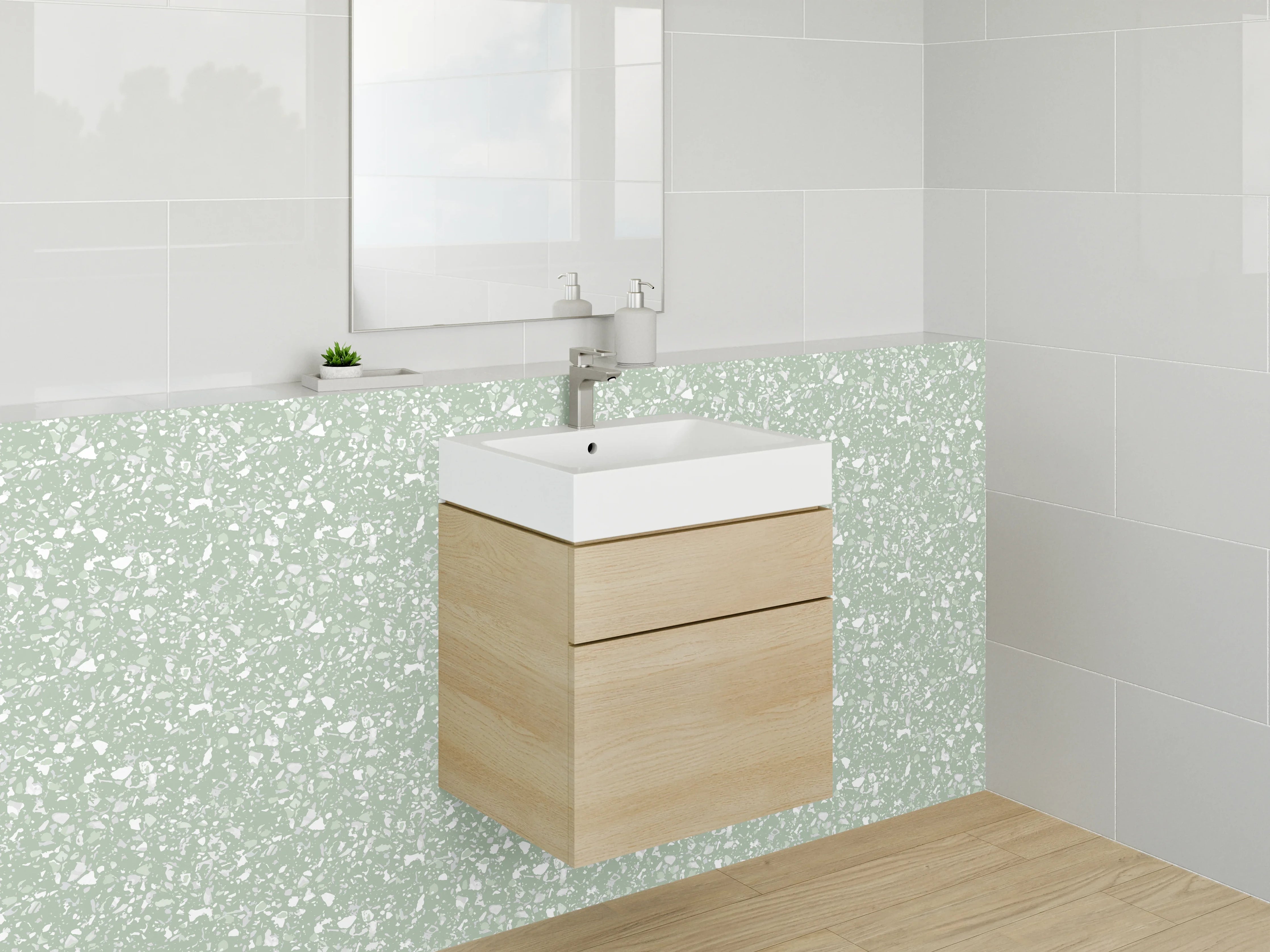 Waschbecken-Rückwand - Zartes florales Muster Grün Weiß