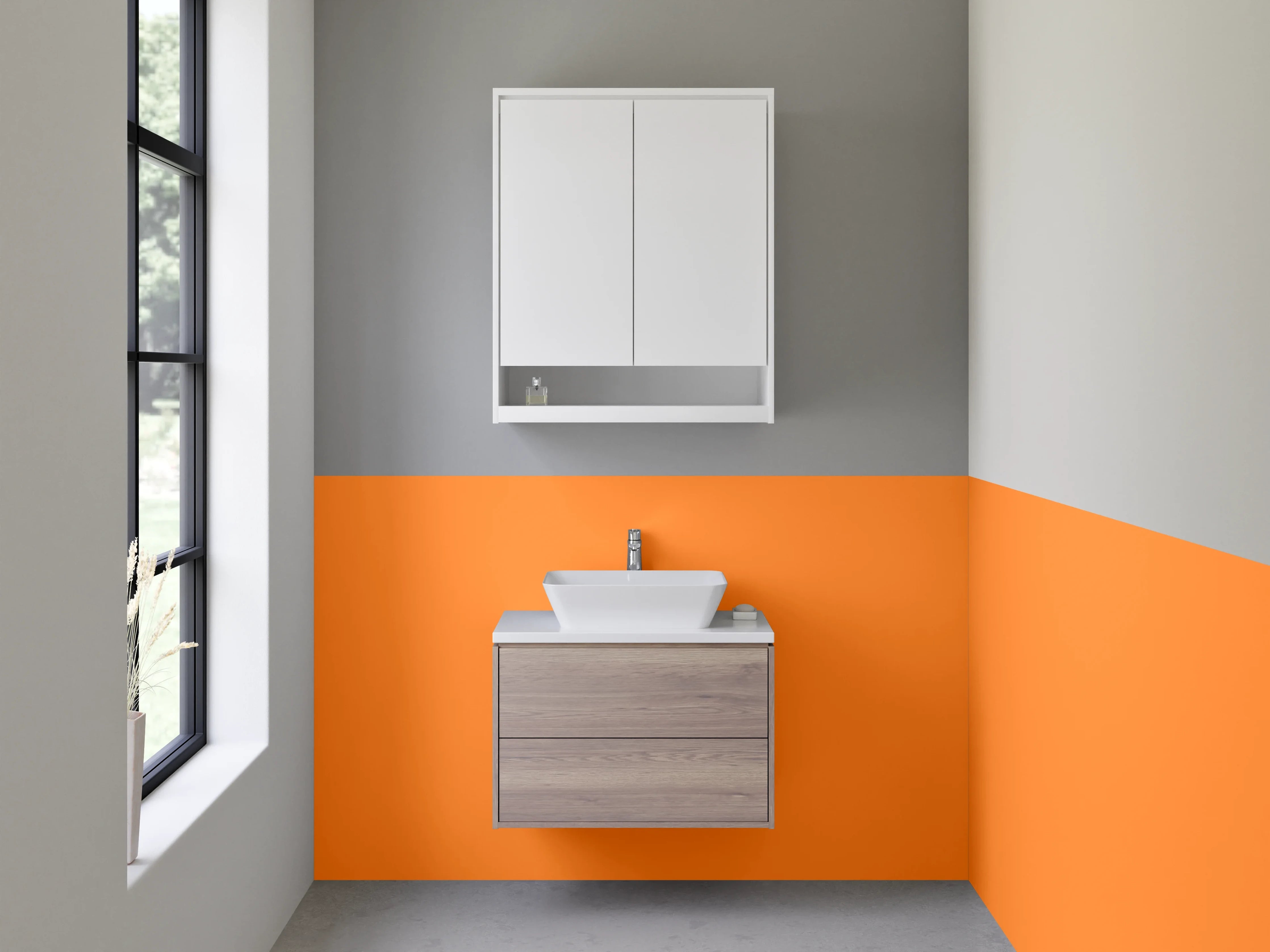 Waschbecken-Rückwand - Zartgrau trifft Blassorange Eleganz