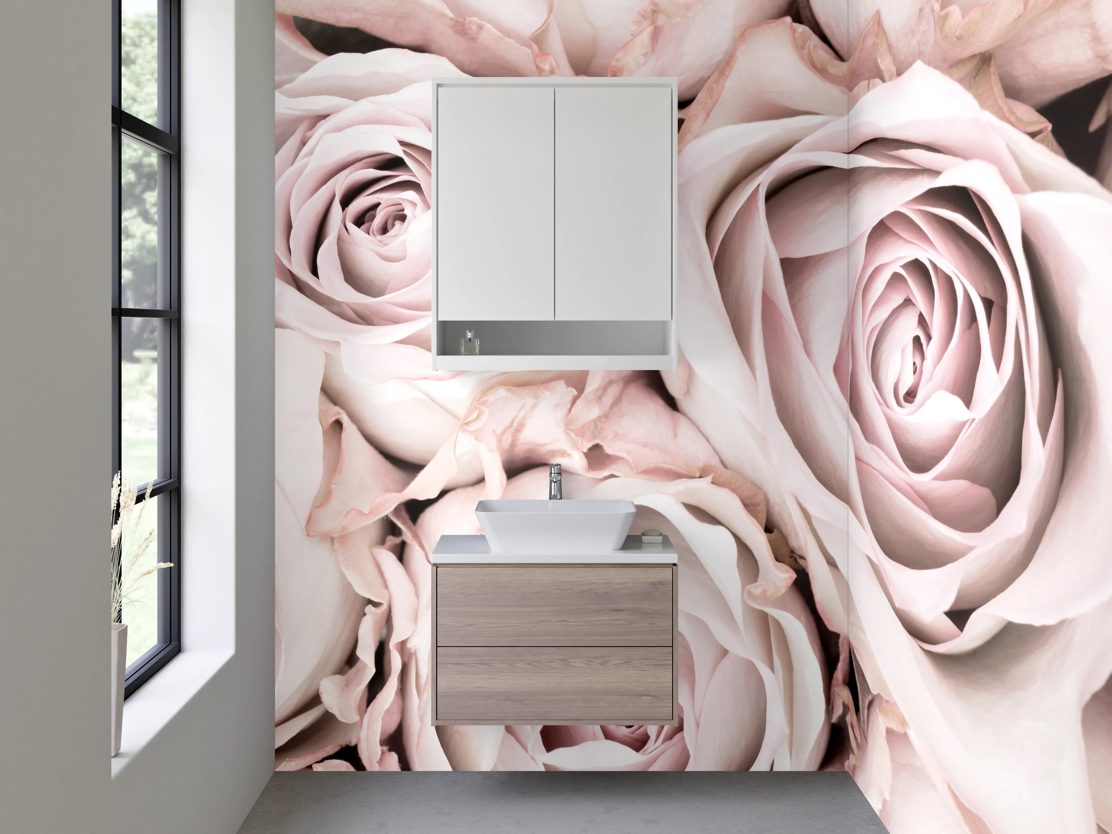 Waschbecken-Rückwand - Zartrosa Rosen in Nahaufnahme