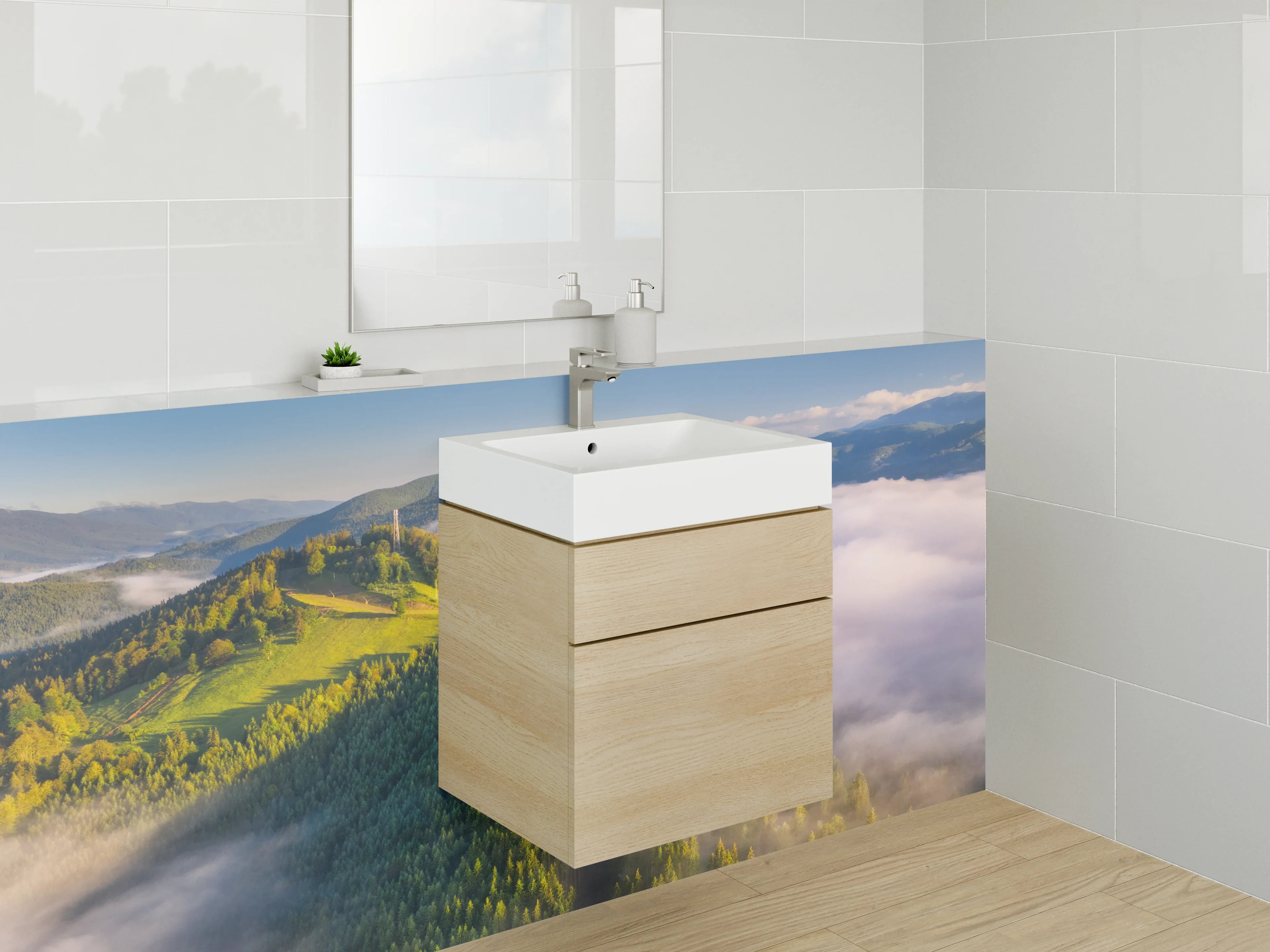 Waschbecken-Rückwand - Zeitgemäße Grau-Weiße Waschrückwand fürs Bad
