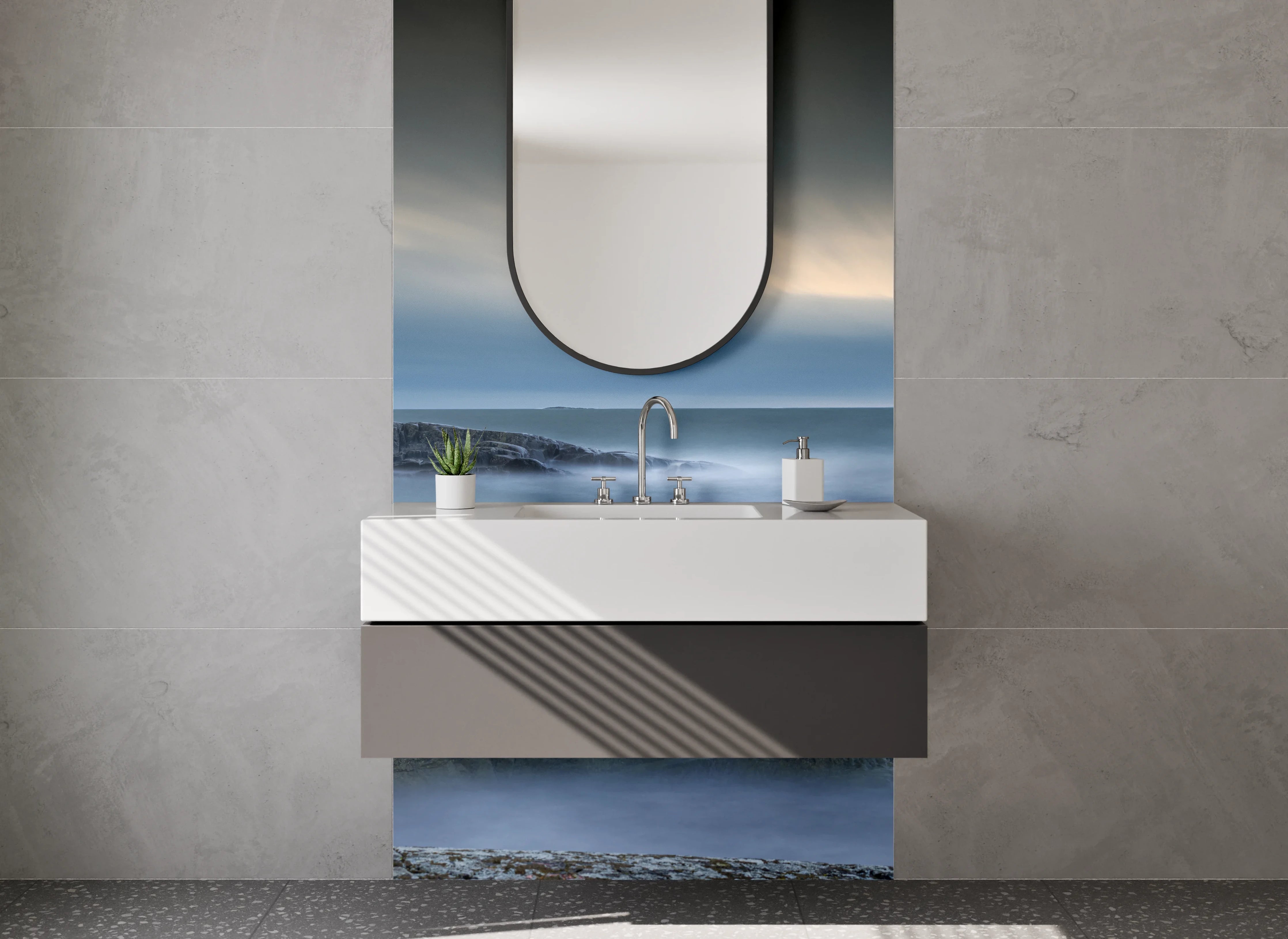 Waschbecken-Rückwand - Zeitloses Grauwaschbecken-Design