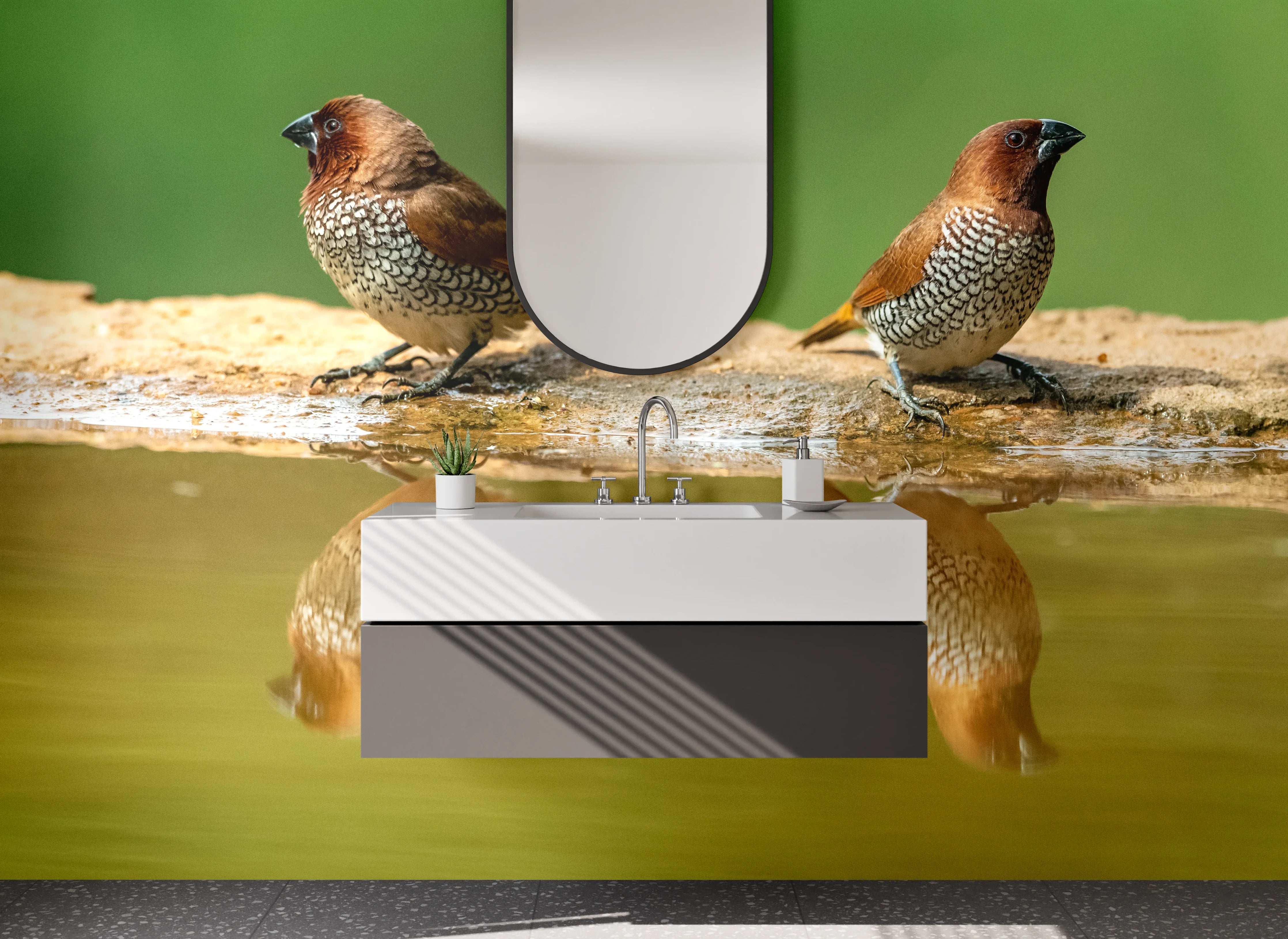 Waschbecken-Rückwand - Zwei exotische Vögel am Wasser