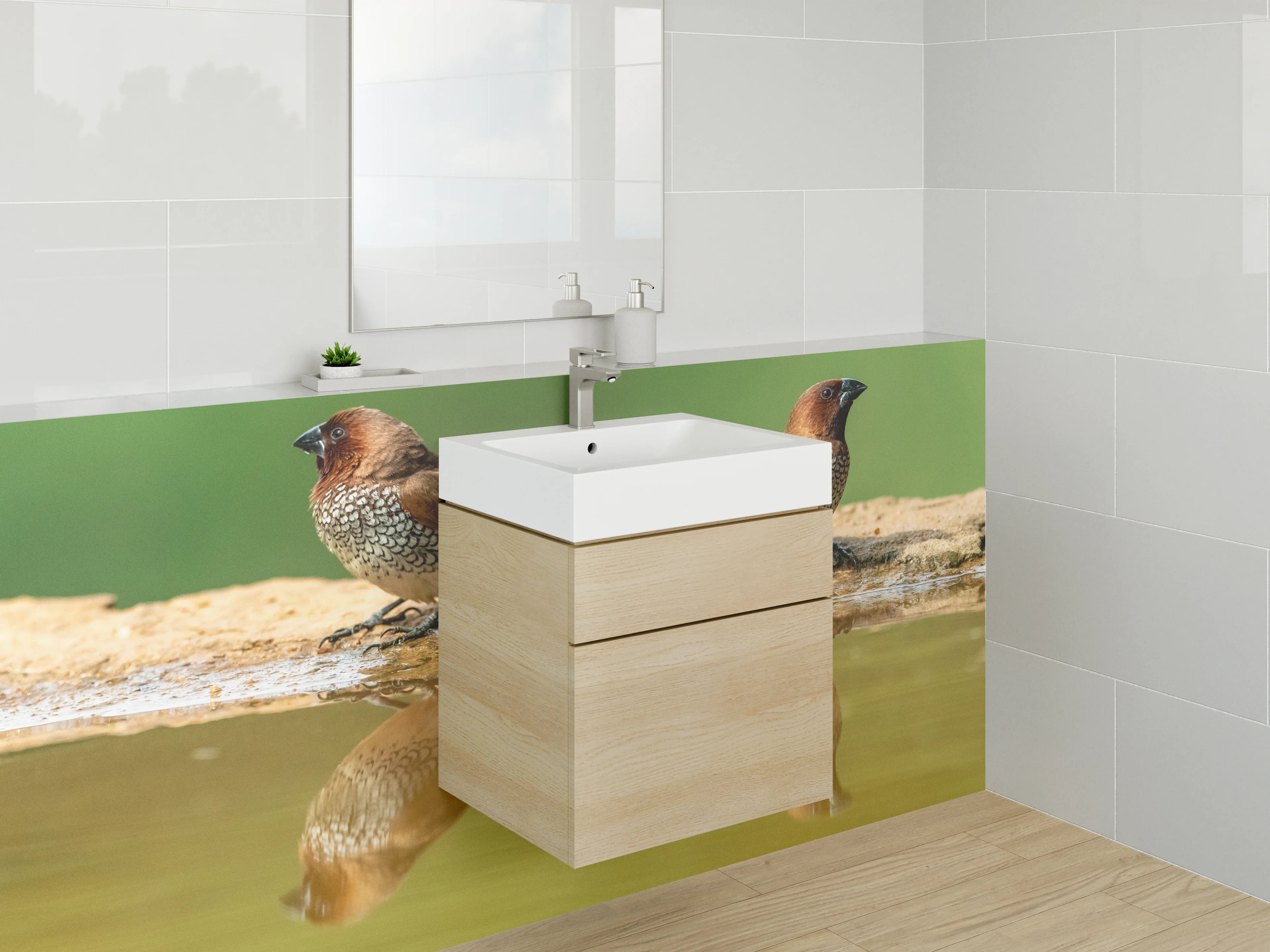 Waschbecken-Rückwand - Zwei exotische Vögel am Wasser