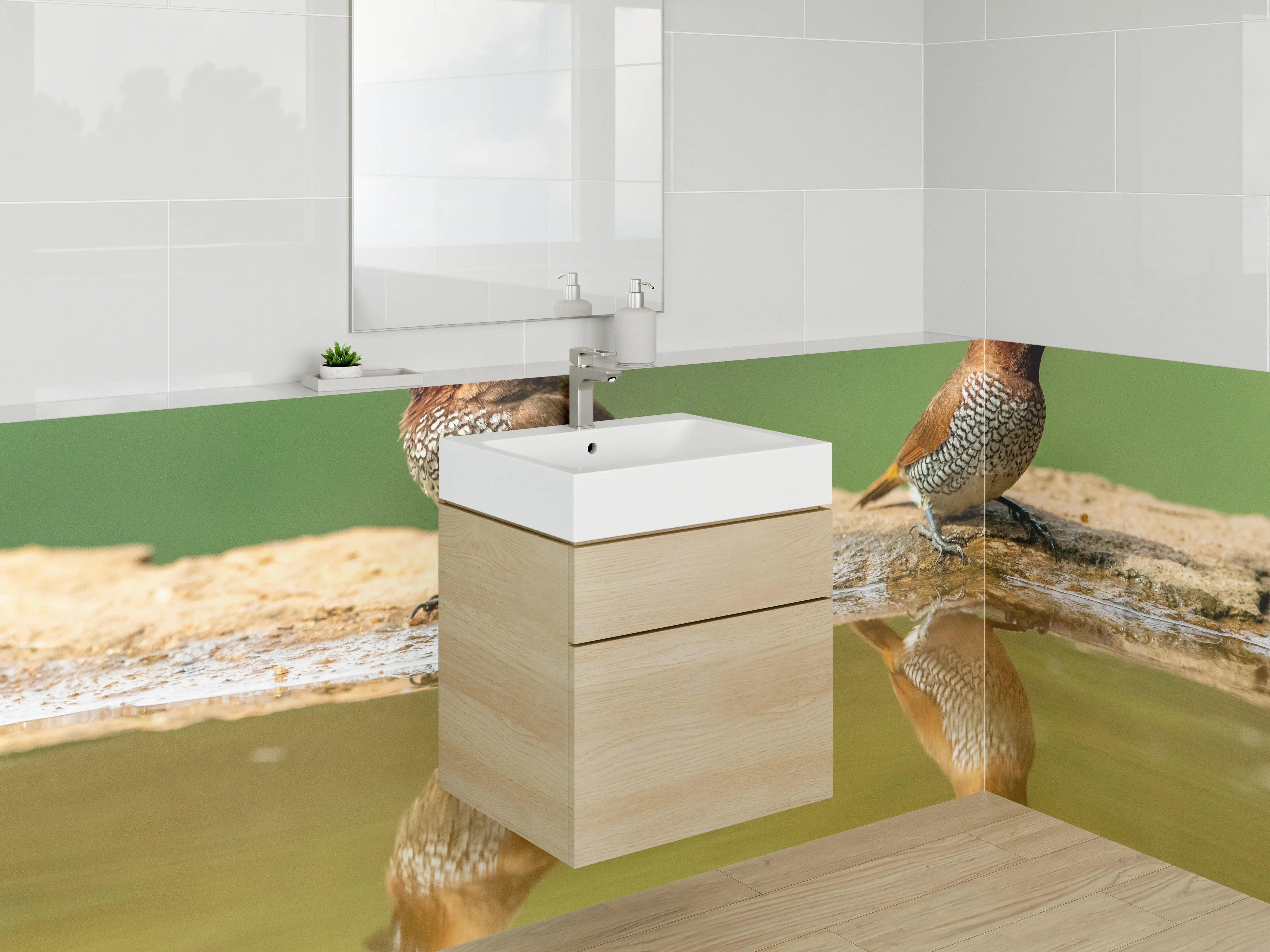 Waschbecken-Rückwand - Zwei exotische Vögel am Wasser