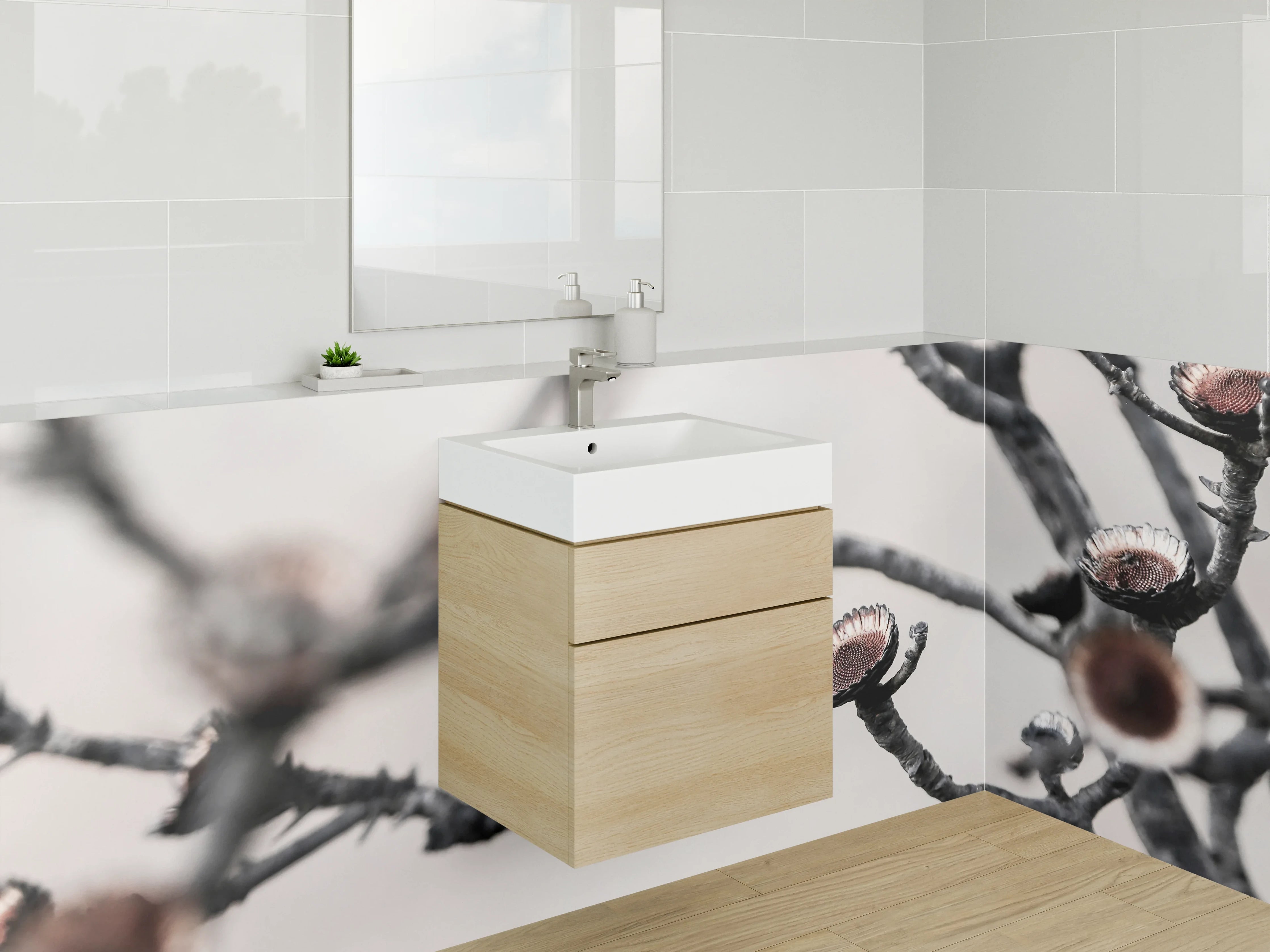Waschbecken-Rückwand - Zweigstruktur in Schwarz-Weiß-Optik