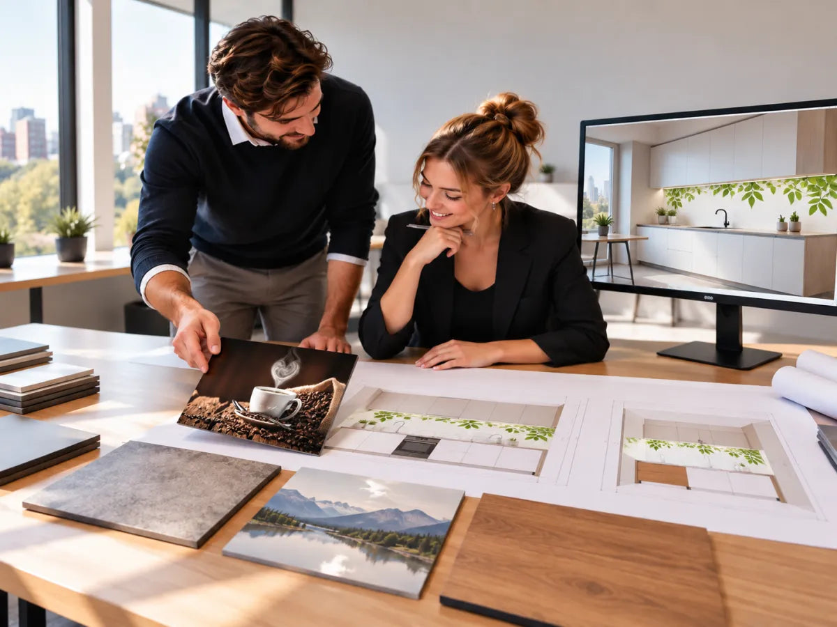 Architekten planen eine Küchenwand mit Ansichtszeichnung und Rückwand-Mustern mit Kaffee- und Landschaftsmotiv, Beton- und Holzoptik