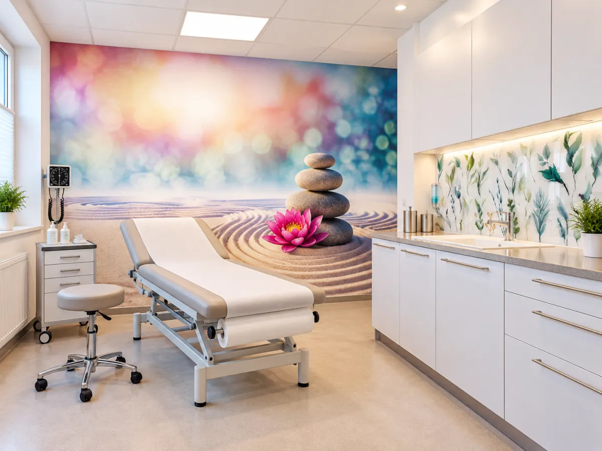 Heller Behandlungsraum einer Arztpraxis mit großer Motivwand mit Zen-Steinen und fugenloser Rückwand mit Blattmotiv am Waschbecken