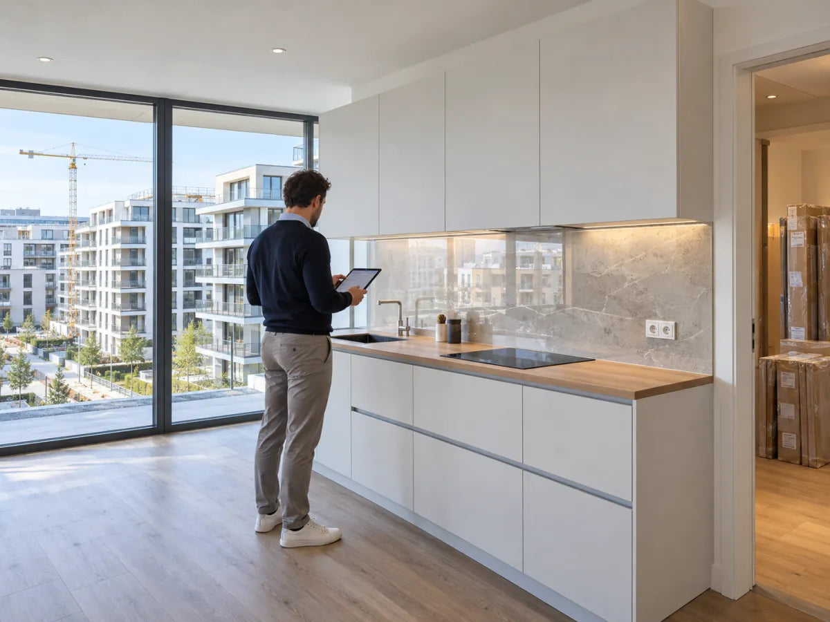 Projektleiter bei der Übergabe einer Neubauwohnung mit montierter Küchenrückwand, im Hintergrund die Wohnanlage