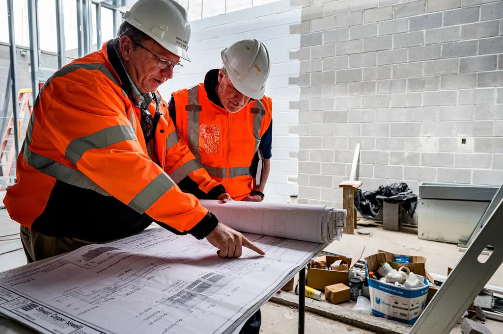 Bauleiter prüfen Pläne auf der Baustelle