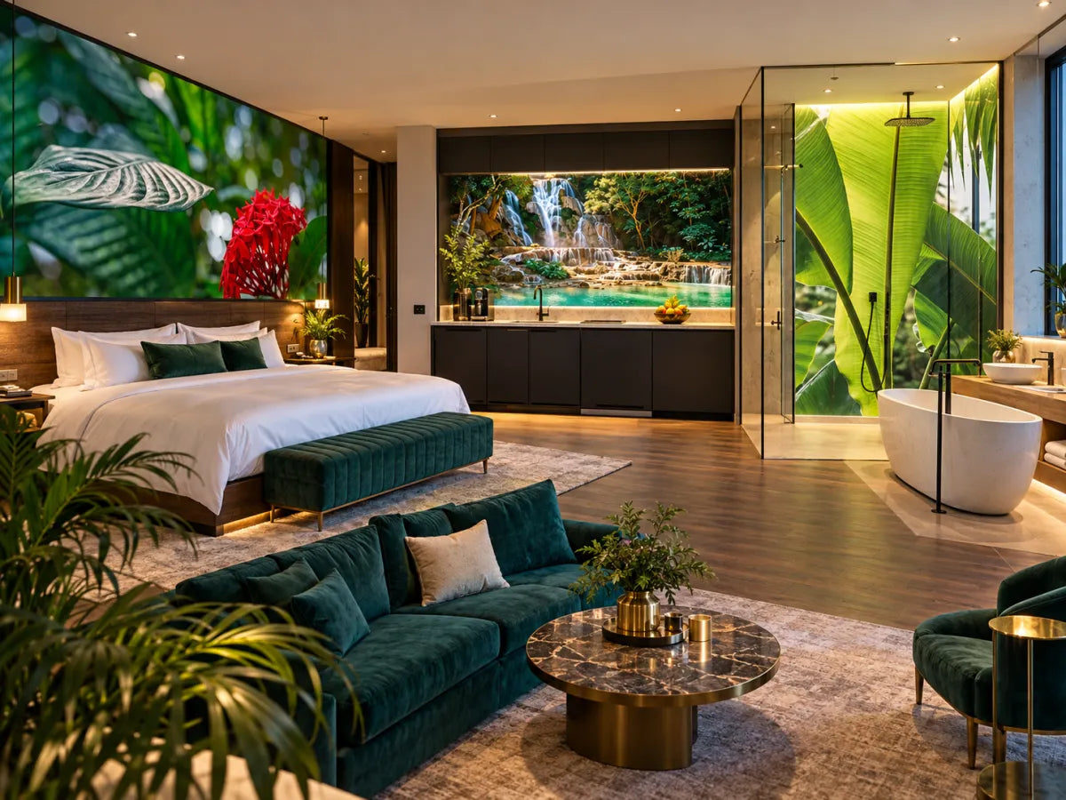 VIP-Hotelsuite im Dschungel-Design mit Motivwand am Bett, Küchenrückwand mit Wasserfall und Duschrückwand mit Bananenblättern