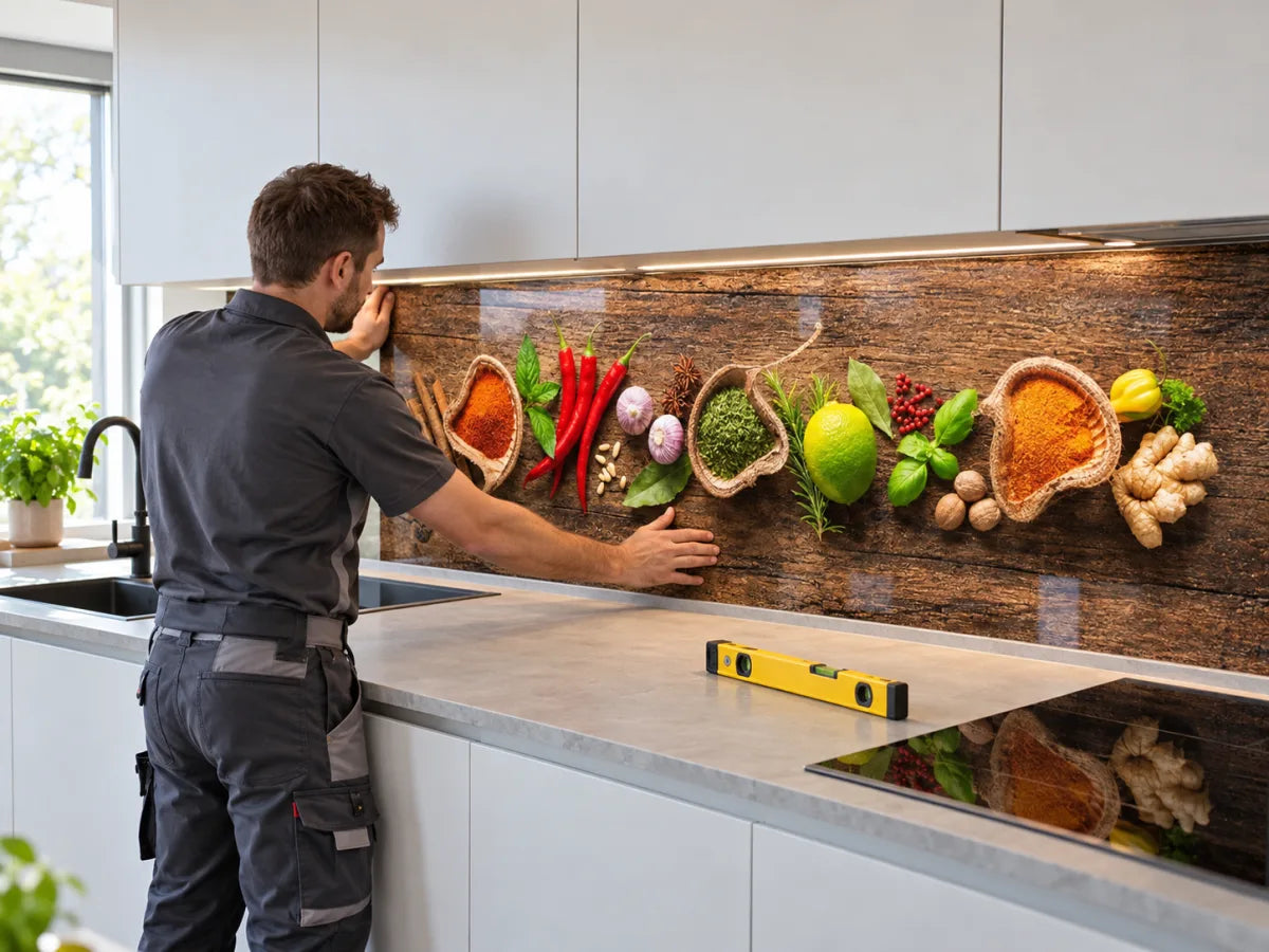 Installateur montiert eine Küchenrückwand mit Kräuter- und Gewürzmotiv