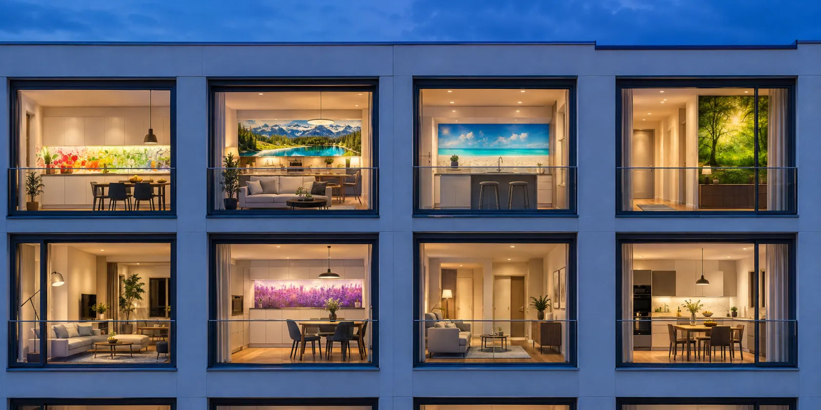 Fassade einer Wohnanlage in der Abenddämmerung, in jeder Wohnung eine individuell bedruckte Rückwand mit Motiven wie Bergsee, Strand und Lavendel