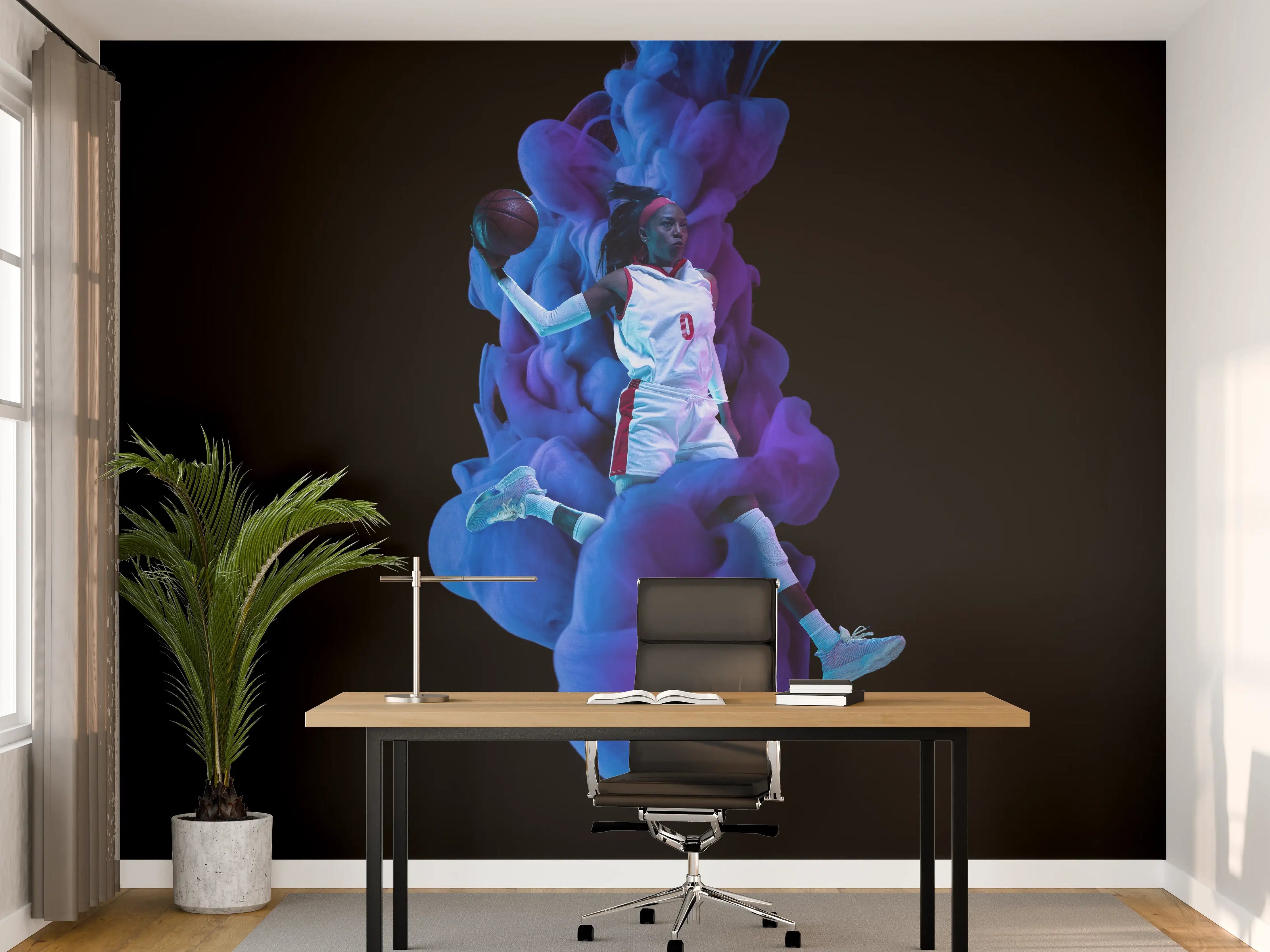 Büro Wandgestaltung - Junge Basketballspielerin in blau/lila Rauch