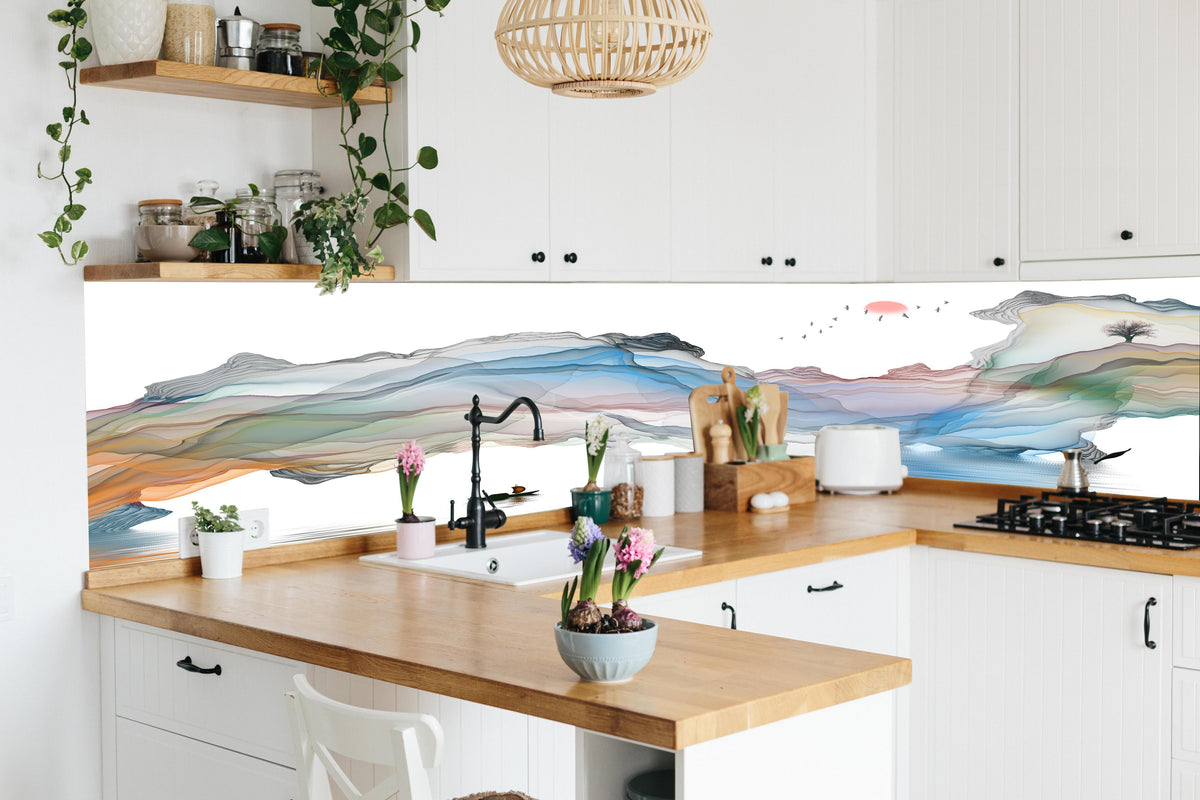 Küchenrückwand - Modernes Wasserfarben Gemälde Boot Vögel See